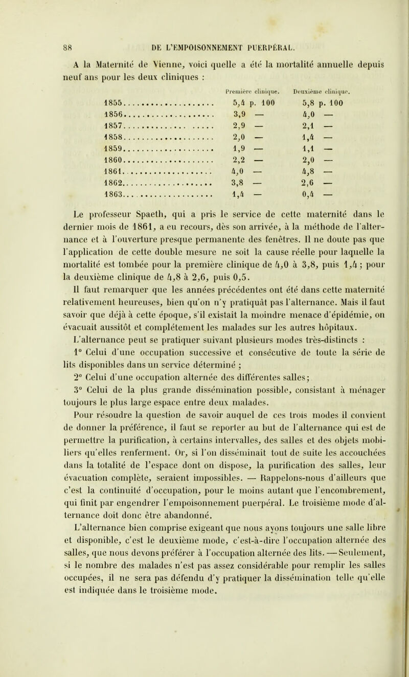 A la Maternité de Vienne, voici quelle a été la mortalité annuelle depuis neuf ans pour les deux cliniques : Première clinique. Deuxième clinique. 1855 5,4 p. 100 5,8 p. 10O 1856 3,9 — 4,0 — 1857 2,9 — 2,1 — 1858 2,0 — 1,4 — 1859 1,9 — 1,1 — 1860 2,2 — 2,0 — 1861.. 4,0 — 4,8 — 1862 3,8 — 2,6 — 1863.... 1,4 — 0,4 — Le professeur Spaeth, qui a pris le service de cette maternité dans le dernier mois de 1861, a eu recours, dès son arrivée, à la méthode de l'alter- nance et à l'ouverture presque permanente des fenêtres. Il ne doute pas que l'application de cette double mesure ne soit la cause réelle pour laquelle la mortalité est tombée pour la première clinique de k,Q à 3,8, puis \,h ; pour la deuxième clinique de h,8 à 2,6, puis 0,5. 11 faut remarquer que les années précédentes ont été dans cette maternité relativement heureuses, bien qu'on n'y pratiquât pas l'alternance. Mais il faut savoir que déjà à cette époque, s'il existait la moindre menace d'épidémie, on évacuait aussitôt et complètement les malades sur les autres hôpitaux. L'alternance peut se pratiquer suivant plusieurs modes très-distincts : 1° Celui d'une occupation successive et consécutive de toute la série de lits disponibles dans un service déterminé ; 2° Celui d'une occupation alternée des différentes salles; 3° Celui de la plus grande dissémination possible, consistant à ménager toujours le plus large espace entre deux malades. Four résoudre la question de savoir auquel de ces trois modes il convient de donner la préférence, il faut se reporter au but de l'alternance qui est de permettre la purification, à certains intervalles, des salles et des objets mobi- liers qu'elles renferment. Or, si l'on disséminait tout de suite les accouchées dans la totalité de l'espace dont on dispose, la purification des salles, leur évacuation complète, seraient impossibles. — Rappelons-nous d'ailleurs que c'est la continuité d'occupation, pour le moins autant que l'encombrement, qui finit par engendrer l'empoisonnement puerpéral. Le troisième mode d'al- ternance doit donc être abandonné. L'alternance bien comprise exigeant que nous ayons toujours une salle libre et disponible, c'est le deuxième mode, c'est-à-dire l'occupation alternée des salles, que nous devons préférer à l'occupation alternée des lits. — Seulement, si le nombre des malades n'est pas assez considérable pour remplir les salles occupées, il ne sera pas défendu d'y pratiquer la dissémination telle qu'elle est indiquée dans le troisième mode.