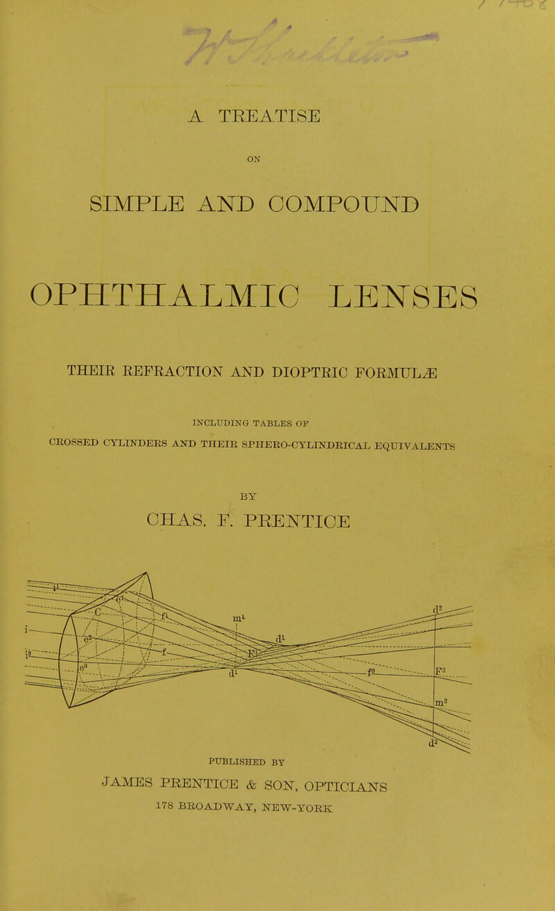 A TREATISE ON SIMPLE AND COMPOUND OPHTHALMIC LE^^SES THEIR REFRACTION AND DIOPTRIC FORMULAE INCLUDING TABLES OF CROSSED CYLINDERS AND THEIR SPHERO-CYLINDRICAL EQUIVALENTS BY CHAS. E. PEEISTTICE PUBLISHED BY JAMES PRENTICE & SON, OPTICIANS 178 BROADWAY, NEW-YORK