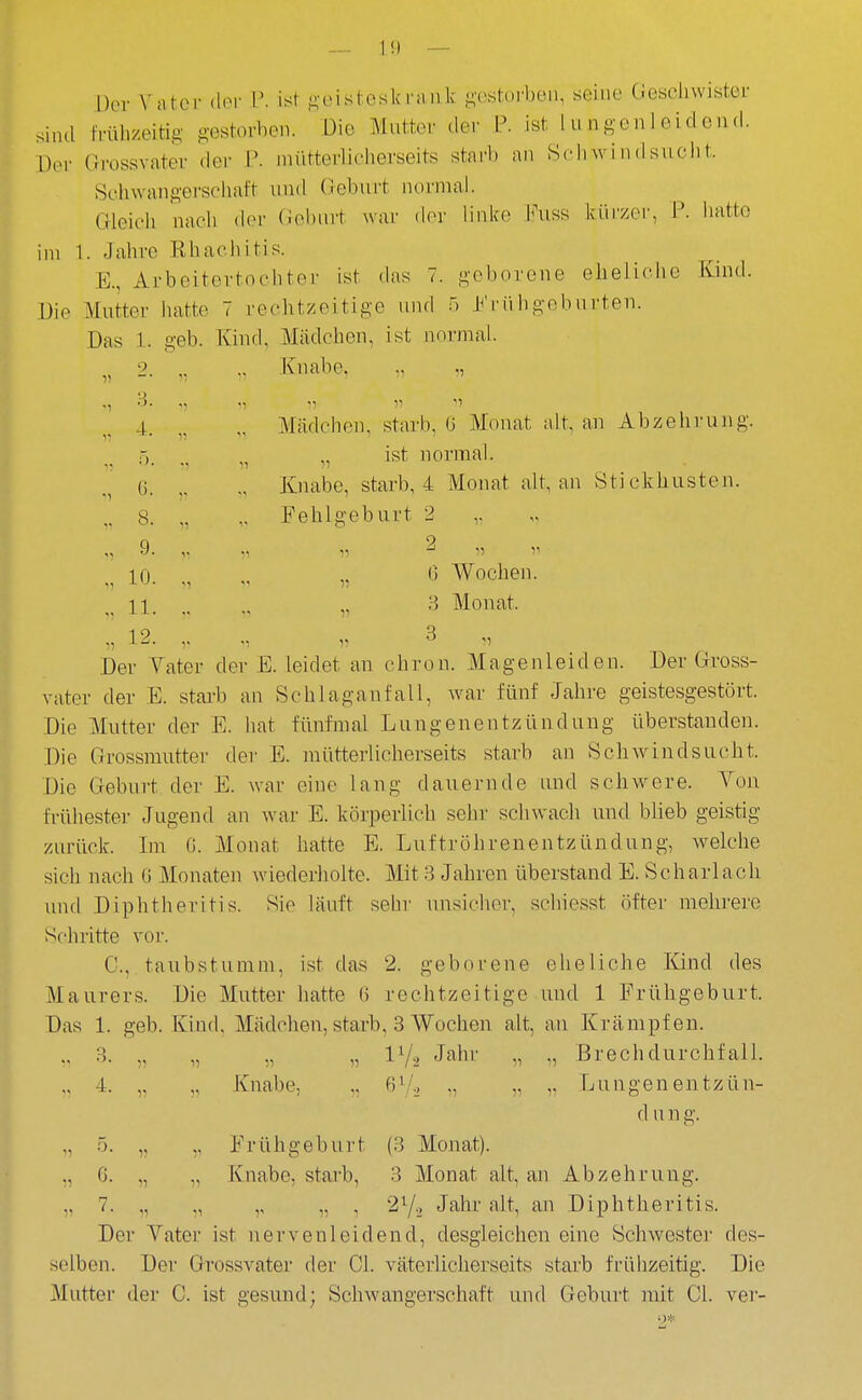 Der Vater dor T. ist oeistoskrnnk i^'ostorbeii, seine tieschwistei- sind frühzeitig o-estorhen. ' Die Mutter der P. ist lungenleidend. Der Crossvater der P. mütterlicherseits starb an Schwindsucht. Schwangerscliaft und (iehurt normal. Gleich nach der (iebiu't war dei' linke l*\iss kürzer, P. hatte im 1. Jahre Khachitis. E., Arbeitertochter ist das 7. geborene eheliche Kind. Die Mutter hatte 7 rechtzeitige und ö i^'rühgeburten. Das 1. geb. Kiud, Mädchen, ist normal. .. Knabe, „ ., . ' 4 Mädchen, starb, ü Monat alt, an Abzehrung. ö. „ isl'' normal. 6 Knabe, starb, 4 Monat alt, an Stickhusten. .. 8. ,, Fehlgeburt 2 „ 9. ,. ., „ 2 ,, ^^10 „ 0 Wochen. 11 „ 3 Monat. „ 12. ,. V ^ '-i Der Vater der E. leidet an chron. Magenleiden. Der Gross- vater der E. starb an Schlaganfall, war fünf Jahre geistesgestört. Die Mutter der E. hat fünfmal Lungenentzündung überstanden. Die Grossmutter der E. mütterlicherseits starb au Schwindsucht. Die Geburt der E. Avar eine lang dauernde und schwere. Ton frühester Jugend an war E. körperlich sehr schwach und blieb geistig zurück. Im (5. Monat hatte E. Luftröhrenentzündung, Avelche sich nach G Monaten wiederholte. Mit 3 Jahren überstand E. Scharlach und Diphtheritis. Sie läuft sehr unsicher, schiesst öfter mehrere Schritte vor. C, taubstumm, ist das 2. geborene eheliche Kind des Maurers. Die Mutter hatte (5 rechtzeitige und 1 Frühgeburt. Das 1. geb. Kind. Mädchen, starb, 3 Wochen alt, an Krämpfen. 3. ,, „ „ „ V/.i Jahr Brechdurchfall. ,. 4 Knabe, ., ,, „ Lungenentzün- dung. „ 5. ,, ,, Frühgeburt (3 Monat). ., fj. ,, „ Knabe, starb, 3 Monat alt, an Abzehrung. ,, 7. ,, „ ,, „ , 2^/., Jahr alt, an Diphtheritis. Der Vater ist nervenleidend, desgleichen eine Schwester des- selben. Der Grossvater der Gl. väterlicherseits starb frühzeitig. Die Mutter der C. ist gesund; Schwangerschaft und Geburt mit Gl. ver-