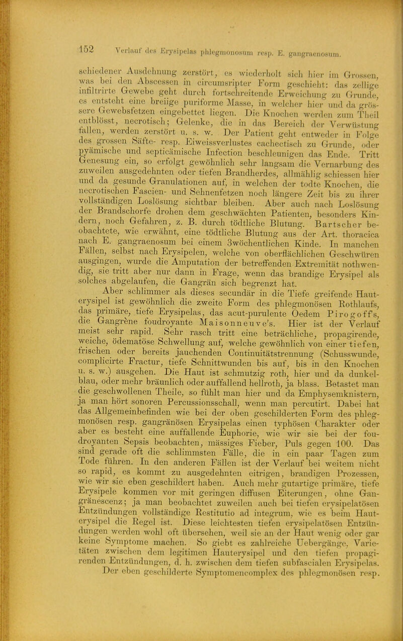 schieclener Ansdohnung zerstört, es wiederholt sich hier im Grossen was bei den Abscessen in circumsripter Form geschieht: das zellige mhltrn'te Grewebe geht durch fortschreitende Erweichung zu Grunde es entsteht eine breiige puriforme Masse, in welcher hier mid da grös- sere Gewebstetzen eingebettet liegen. Die Knochen werden zum Theil entblösst, necrotisch; Gelenke, die in das Bereich der Verwüstung fallen, werden zerstört n. s. w. Der Patient geht entweder in Folge des gro&jsen Säfte- resp. Eiweissverlustes cachectisch zu Grunde oder pyamische und septicämische Infection beschleunigen das Ende. Tritt Genesung em, so erfolgt gewöhnlich sehi' langsam die Vernarbung des zuweilen ausgedehnten oder tiefen Brandherdes, allmählig schiessen hier und da gesunde Granulationen auf, in welchen der todte Knochen, die necrotischen Fascien- und Sehnenfetzen noch längere Zeit bis zu ihrer vollständigen Loslösung sichtbar bleiben. Aber auch nach Loslösung der Brandschorfe drohen dem geschwächten Patienten, besonders Kin- dern, noch Gefahren, z. B. durch tödtliche Blutung. Bartscher be- obachtete, wie erwähnt, eine tödtliche Blutung aus der Art. thoracica nach E. gangraenosum bei einem Swöchentlichen Kinde. In manchen Fällen, selbst nach Erysipelen, welche von oberflächlichen GeschAvüren ausgingen, wurde die Amputation der betreffenden Extremität nothwen- dig, sie tritt aber nur dann in Frage, wenn das brandige Erysipel als solches abgelaufen, die Gangrän sich begrenzt hat. _ Aber schlimmer als dieses secundär in die Tiefe greifende Haut- erysipel ist gewöhnlich die zweite Form des phlegmonösen Rothlaufs, das primäre, tiefe Erysipelas, das acut-purulente Oedem Pirogoffs, die Gangräne foudi-oyante Maisonneuve's. Hier ist der Verlauf meist sehr rapid. Sehr rasch tritt eine beträchliche, propagii-ende, weiche, ödematöse Schwellung auf, welche gewöhnlich von einer tiefen, frischen oder bereits jauchenden Continuitätstrennung (Schusswunde, comphcirte Fractm-, tiefe Schnittwunden bis auf, bis in den Knochen u. s. w.) ausgehen. Die Haut ist schmutzig roth, hier und da dunkel- blau, oder mehr bräunlich oder auffallend hellroth, ja blass. Betastet man die geschwollenen Theile, so fühlt man hier und da Emphysemknistern, ja man hört sonoren Percussionsschall, wenn man percutirt. Dabei hat das Allgemeinbefinden wie bei der oben geschilderten Form des phleg- monösen resp. gangränösen Erysipelas einen typhösen Charakter oder aber es besteht eine auffallende Euphorie, wie wir sie bei der fou- droyanten Sepsis beobachten, mässiges Fieber, Puls gegen 100. Das sind gerade oft die schlimmsten Fälle, die in ein paar Tagen zum Tode führen. In den anderen Fällen ist der Verlauf bei weitem nicht so rapid, es kommt zu ausgedehnten eitrigen, brandigen Prozessen, wie wir sie eben geschildert haben. Auch mehr gutartige primäre, tiefe Erysipele kommen vor mit geringen diffusen Eiterungen, ohne Gan- gränescenz; ja man beobachtet zuweilen auch bei tiefen erysipelatösen Entzündungen vollständige Restitutio ad integrum, wie es beim Haut- erysipel die Regel ist. Diese leichtesten tiefen erysipelatösen Entzün- dungen werden wohl oft übersehen, weil sie an der Haut wenig oder gar keine Symptome machen. So giebt es zahlreiche Uebergänge. Varie- täten zwischen dem legitimen Hauterysipel und den tiefen propagi- renden Entzündungen, d. h. zwischen dem tiefen subfascialen Erysipelas. Der eben geschilderte Symptoraencomplex des phlegmonösen resp.