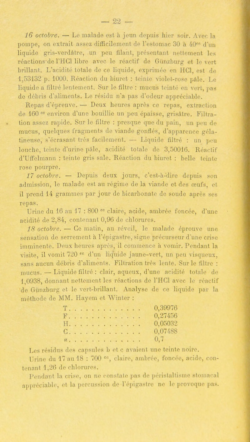 16 octobre. — Le malade est à jeun rlepuis hier soir. Avcr- la pompe, on extrait assez difficilement de l'estomac 30 à 'iO dun liquide gris-verdàtre, un peu filant, présentant nettement les réactions'de THGl libre avec le réactif de Giinzburp: et le vert brillant. L'acidité totale de ce liquide, exprimée en HGl, est de 1,53132 p. 1000. Réaction du biuret : teinte violet-rose pàle. Le liquide a filtré lentement. Sur le filtre : mucus teinté en vert, pas de débris d'aliments. Le résidu n'a pas d'odeur appréciable. Repas d'épreuve. — Deux heures après ce repas, extraction de 160 environ d'une bouillie un peu épaisse, grisâtre. Filtra- tion assez rapide. Sur le filtre : presque que du pain, un peu de mucus, quelques fragments de viande gonflés, d'apparence géla- tineuse, s'écrasant très facilement. — Liquide filtré : un peu louche, teinte d'urine pàle, acidité totale de 3,50016. Réactif d'UfFelmann : teinte gris sale. Réaction du biuret : belle teinte rose pourpre. 17 octobre. — Depuis deux jours, c'est-à-dire depuis son admission, le malade est au régime de la viande et des œufs, et il prend 14 grammes par jour de bicarbonate de soude après ses repas. Urine du 16 au 17 : 800 claire, acide, ambrée foncée, d'une acidité de 2,84, contenant 0,96 de chlorures. 18 octobre. — Ce matin, au réveil, le malade éprouve une sensation de serrement à l'épigastre, signe précurseur d'une crise imminente. Deux heures après, il commence à vomir. Pendant la visite, il vomit 720 «^ d'un liq'uide jaune-vert, un peu visqueux, sans aucun débris d'alimenis. Filtration très lente. Sur le filtre : mucus. — Liquide filtré : clair, aqueux, d'une acidité totale de 1,0938, donnant nettement les réactions de l'HCl avec le réactif 'de Giinzburg et le vert-brillant. Analyse de ce liquide par la méthode de MM. Hayem et Winter : T 0,39976 F 0,27456 H 0,05032 G 0,07488 « 0,7 Les résidus des capsules b ot c avaient une teinte noire. Urine du 47 au 18 : 700 claire, ambrée, foncée, acide, con- tenant 1,26 de chlorures. pendant la crise, on no constate pas de péristaltisme stomacal appréciable, et la percussion de l'épigastre ne le provoque pas.