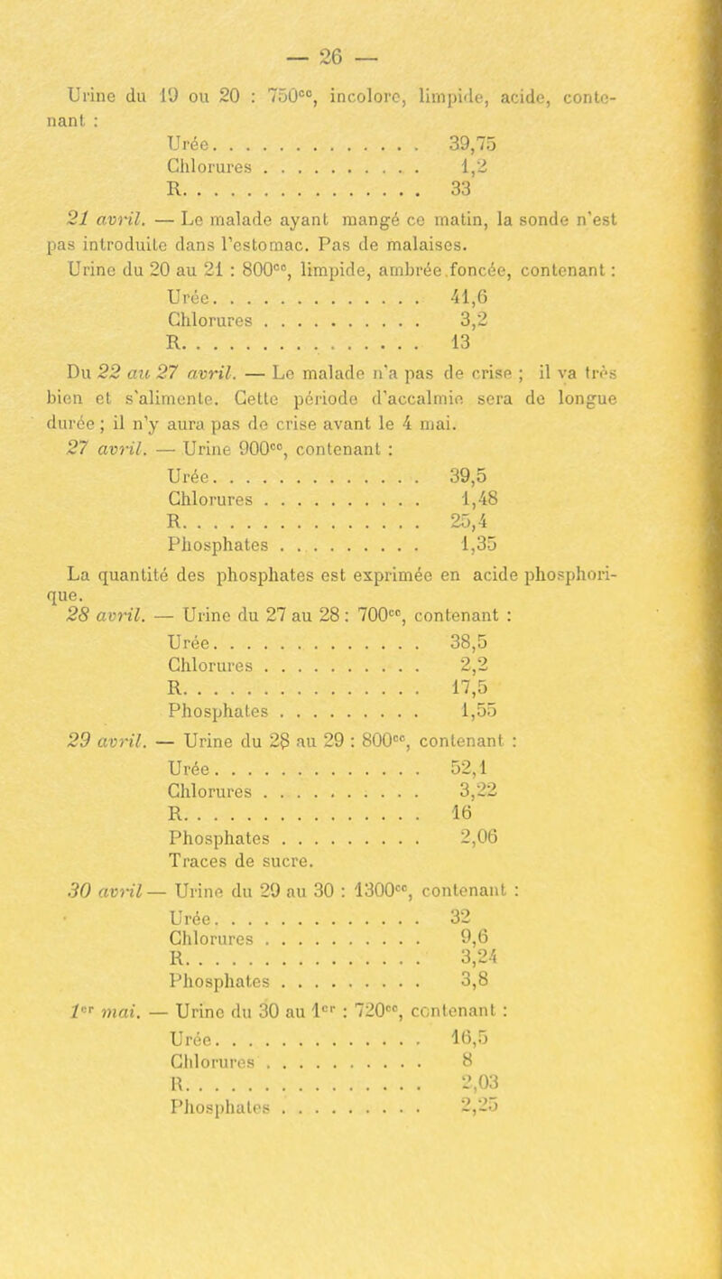 Urine du 19 ou 20 : TâC^, incolore, limpide, acide, conte- nant ; Urée 39,75 Chlorures 1,2 R 33 21 avnl. — Le malade ayant mangé ce matin, la sonde n'est pas introduite dans rcstomac. Pas de malaises. Urine du 20 au 21 : SOO, limpide, ambrée.foncée, contenant : Urée 41,6 Chlorures 3,2 R 13 Du 22 au 27 avril. — Le malade n'a pas de crise ; il va tros bien et s'alimente. Cette période d'accalmie sera de longue durée ; il n'y aura pas de crise avant le 4 mai. 27 avril. — Urine GOO^», contenant : Urée 39,5 Chlorures 1,48 R 25,4 Phosphates 1,35 La quantité des phosphates est exprimée en acide phosphori- que. 28 avril. — Urine du 27 au 28: 700, contenant : Urée 38,5 Chlorures 2,2 R 17,5 Phosphates 1,55 29 avril. — Urine du 28 au 29 : SOO, contenant : Urée 52,1 Chlorures 3,22 R 16 Phosphates 2,06 Traces de sucre. 30 avril — Urine du 29 au 30 : 1300, contenant : Urée 32 Chlorures 9,6 R 3,24 Phosphates 3,8 P'' mai. — Urine du 30 au l^ : 720'', contenant : Urée 16,5 Chlorures 8 R 2,03 Phosphates 2,25