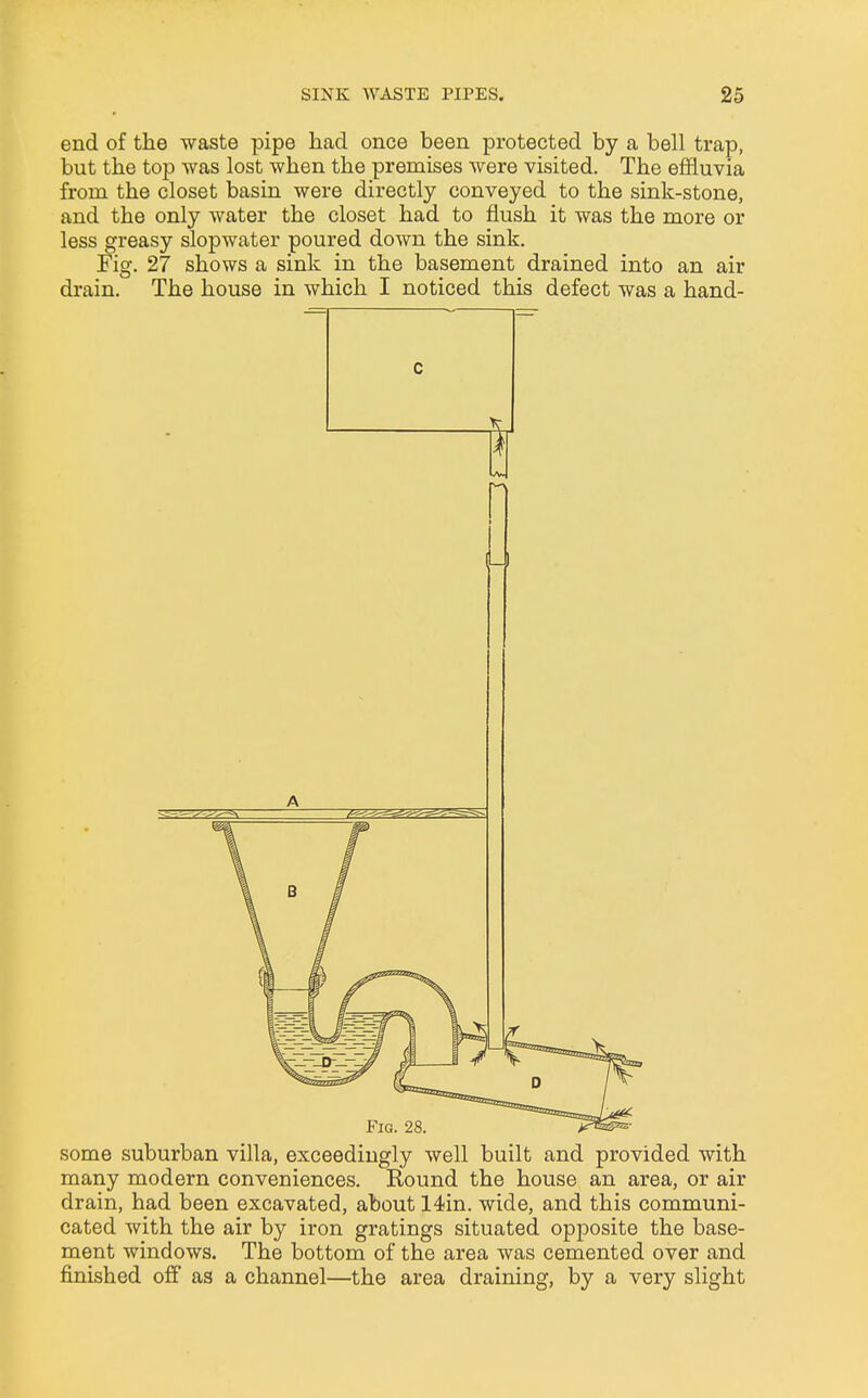 end of the waste pipe had once been protected by a bell trap, but the top was lost when the premises were visited. The effluvia from the closet basin were directly conveyed to the sink-stone, and the only water the closet had to flush it was the more or less greasy slopwater poured down the sink. Fig. 27 shows a sink in the basement drained into an air drain. The house in which I noticed this defect was a hand- c k some suburban villa, exceedingly well built and provided with many modern conveniences. Round the house an area, or air drain, had been excavated, about 14in. wide, and this communi- cated with the air by iron gratings situated opposite the base- ment windows. The bottom of the area was cemented over and finished off as a channel—the area draining, by a very slight