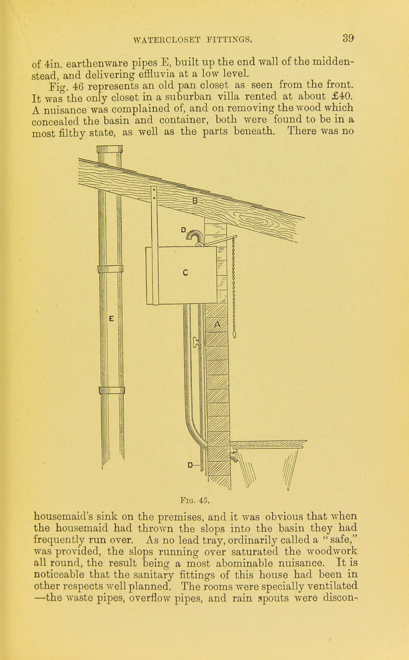 of 4in. earthenware pipes E, built up the end wall of the midden- stead, and delivering effluvia at a low level. Fi°\ 46 represents an old pan closet as seen from the front. It was the only closet in a suburban villa rented at about £40. A nuisance was complained of, and on removing the wood which concealed the basin and container, both were found to be in a most filthy state, as well as the parts beneath. There was no Fig. 45. housemaid's sink on the premises, and it was obvious that when the housemaid had thrown the slops into the basin they had frequently run over. As no lead tray, ordinarily called a  safe, was provided, the slops running over saturated the woodwork all round, the result being a most abominable nuisance. It is noticeable that the sanitary fittings of this house had been in other respects well planned. The rooms were specially ventilated —the waste pipes, overflow pipes, and rain spouts were discon- (