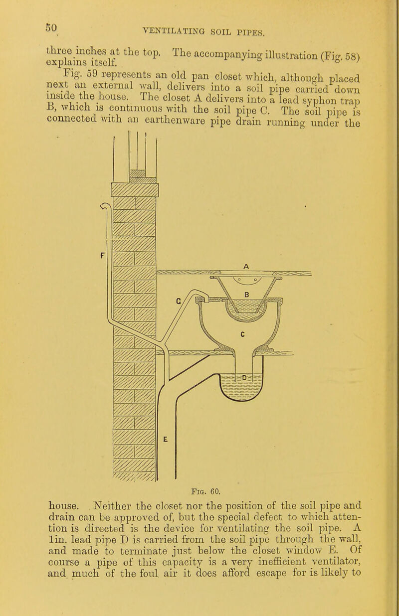 three inches at the top. The accompanying illustration (Fi°- 58} explains itself. . v ° J Fig. 59 represents an old pan closet which, although placed next an external wall, delivers into a soil pipe carried down inside the house. Iho closet A delivers into a lead syphon trap B, which is continuous with the soil pipe C. The soil pipe is connected with an earthenware pipe drain running under the Fig. 60. house. Neither the closet nor the position of the soil pipe and drain can be approved of, but the special defect to which atten- tion is directed is the device for ventilating the soil pipe. A lin. lead pipe D is carried from the soil pipe through the wall, and made to terminate just below the closet window E. Of course a pipe of this capacity is a very inefficient ventilator, and much of the foul air it does afford escape for is likely to