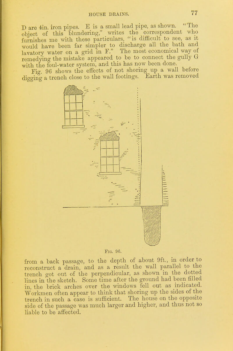 D are 4in. iron pipes. E is a small lead pipe, as shown.  The object of this blundering, writes the correspondent who furnishes me with these particulars, is difficult to see, as it would have been far simpler to discharge all the bath and lavatory water on a grid in F. The most economical way of remedying the mistake appeared to be to connect the gully G with the foul-water system, and this has now been done. Fie 96 shows the effects of not shoring up a wall before diffffine a trench close to the wall footings. Earth was removed 'ODJ Fig. 96. from a back passage, to the depth of about 9ft., m order to reconstruct a drain, and as a result the wall parallel to the trench got out of the perpendicular, as shown in the dotted lines in the sketch. Some time after the ground had been filled in, the brick arches over the windows fell out as indicated. Workmen often appear to think that shoring up the sides of the trench in such a case is sufficient. The house on the opposite side of the passage was much larger and higher, and thus not so liable to be affected.