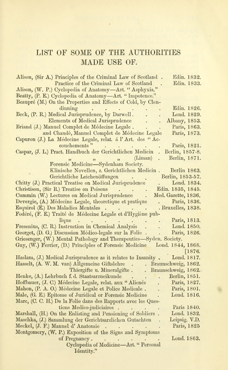 LIST OF SOME OF THE AUTHORITIES MADE USE OF. Alison, (Sir A.) Principles of the Criminal Law of Scotland , Practice of the Criminal Law of Scotland Alison, (W. P.) Cyclopedia of Anatomy—Art.  Asphyxia. Beatty, (P. E.) Cyclopedia of Anatomy—Art.  Impotence. Beaupre (M.) On the Properties and Effects of Cold, by Clen- dinning ...... Beck, (P. R.) Medical Jurisprudence, by Darwell. Elements of Medical Jurisprudence Briand (J.) Manuel Complet de Medecine Legale . and Chaude, Manuel Complet de Medecine Legale Capuron (J.) La Medecine Legale, relat. a 1' Art. des  Ac- couchements ..... Caspar, (J. L.) Pract. Handbuch der Gerichtlichen Medicin . „ „ „ (Liman) . Forensic Medicine—Sydenham Society. Klinische Novellen, z. Gerichtlichen Medicin . Gerichtliche Leichenoffungen Chitty (J.) Practical Treatise on Medical Jurisprudence Edin. Edin. 1832. 1833. Edin. 1826. Lond. 1829. Albany, 1853. Paris, 1863. Paris, 1873. Paris, 1821. Berlin, 1857-8. Berlin, 1871. Christison, (Sir R) Treatise on Poisons Berlin 1863. Berlin, 1853-57. Lond. 1834. Edin. 1835, 1845. Med. Gazette, 1836. Paris, 1836. Bruxelles, 1838. Cummin (W.) Lectures on Medical Jurisprudence Devergie, (A.) Medecine Legale, theoretique et pratique Esquirol (E.) Des Maladies Mentales .... Fodere, (F. E.) Traite de Medecine Legale et d'Hygiene pub lique Paris, 1813. Fresenius, (C. R.) Instruction in Chemical Analysis . . Lond. 1850. Georget, (D. G.) Discussion Medico-legale sur la Folie . . Paris, 1826. Griesenger, (W.) Mental Pathology and Therapeutics—Syden. Society. Guy, (W.) Ferrier, (D.) Principles of Forensic Medicine Lond. 1844, 1868. [1876. Haslam, (J.) Medical Jurisprudence as it relates to Insanity . Lond. 1817. Hasselt, (A. W. M. van) Allgemeine Giftslehre . . Braunschweig, 1862. Thiergifte u. Mineralgifte . . Braunschweig, 1862. Henke, (A.) Lehrbuch f. d. Staatsarzneikunde . . . Berlin, 1851. HofFbauer, (J. C.) Medecine Legale, relat. aux  Alienes . Paris, 1827. Mahon, (P. A. 0.) Medecine Legale et Police Medicale . . Paris, 1801. Male, (G. E.) Epitome of Juridical or Forensic Medicine . Lond. 1816. Marc, (C. C. H.) De la Folie dans des Rapports avec les Ques- tions Medico-judiciaires .... Paris 1840. Marshall, (H.) On the Enlisting and Pensioning of Soldiers . Lond. 1832. Maschka, (J.) Sammlung der Gerichtsarzlichen Gutachten . Leipsig. V.D. Meckel, (J. F.) Manuel d' Anatomie Paris, 1825 Montgomery, (W. P.) Exposition of the Signs and Symptoms of Pregnancy Lond. 1863. Cyclopedia of Medicine—Art.  Personal Identity.