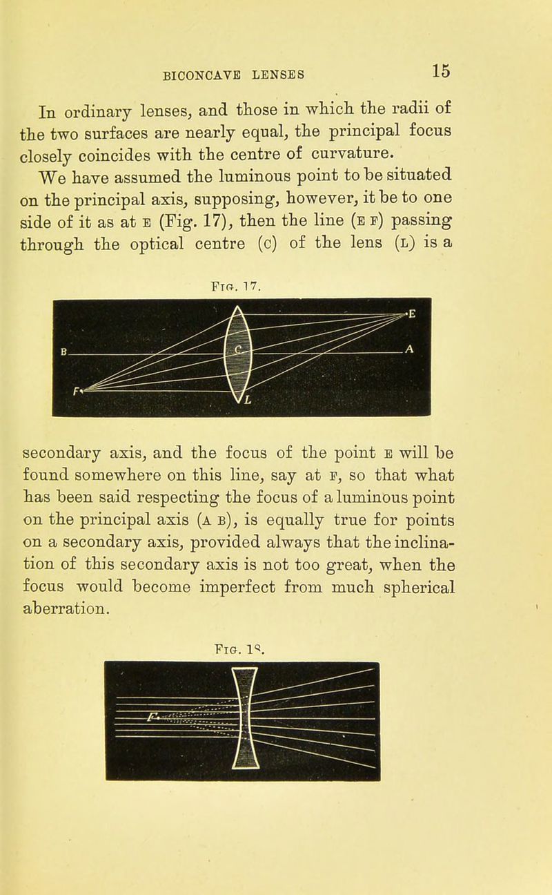 In ordinary lenses, and tliose in whicli the radii of the two surfaces are nearly equal, the principal focus closely coincides with the centre of curvature. We have assumed the luminous point to be situated on the principal axis, supposing, however, it be to one side of it as at e (Fig. 17), then the line (e f) passing through the optical centre (c) of the lens (l) is a Fto. 17. F m 1 L secondary axis, and the focus of the point b will be found somewhere on this line, say at p, so that what has been said respecting the focus of a luminous point on the principal axis (a b), is equally true for points on a secondary axis, provided always that the inclina- tion of this secondary axis is not too great, when the focus would become imperfect from much spherical aberration. Fig.