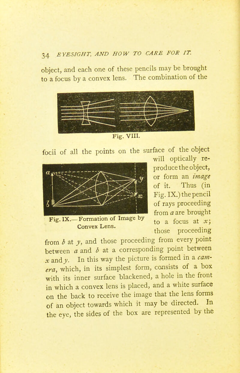 object, and each one of these pencils may be brought to a focus by a convex lens. The combination of the focii of all the points on the surface of the object from b at y, and those proceeding from every point between a and ^ at a corresponding point between X and y. In this way the picture is formed in a cam- era, which, in its simplest form, consists of a box with its inner surface blackened, a hole in the front in which a convex lens is placed, and a white surface on the back to receive the image that the lens forms of an object towards which it may be directed. In the eye, the sides of the box are represented by the Fig. VIII. Fig. IX.—Formation of Image by Convex Lens. will optically re- produce the object, or form an image of it. Thus (in Fig. IX.) the pencil of rays proceeding from a are brought to a focus at x; those proceeding