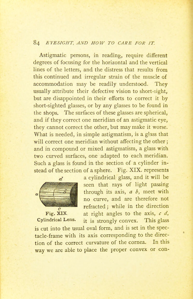 Astigmatic persons, in reading, require different degrees of focusing for the horizontal and the vertical lines of the letters, and the distress that results from this continued and irregular strain of the muscle of accommodation may be readily understood. They usually attribute their defective vision to short-sight, but are disappointed in their efforts to correct it by short-sighted glasses, or by any glasses to be found in the shops. The surfaces of these glasses are spherical, and if they correct one meridian of an astigmatic eye, they cannot correct the other, but may make it worse. What is needed, in simple astigmatism, is a glass that will correct one meridian without affecting the other; and in compound or mixed astigmatism, a glass with two curved surfaces, one adapted to each meridian. Such a glass is found in the section of a cylinder in- stead of the section of a sphere. Fig. XIX. represents a cylindrical glass, and it will be seen that rays of light passing through its axis, a b, meet with no curve, and are therefore not refracted; while in the direction Fig. XIX. at right angles to the axis, c d. Cylindrical Lens. jf. jg strongly convex. This glass is cut into the usual oval form, and is set in the spec- tacle-frame with its axis corresponding to the direc- tion of the correct curvature of the cornea. In this way we are able to place the proper convex or con-