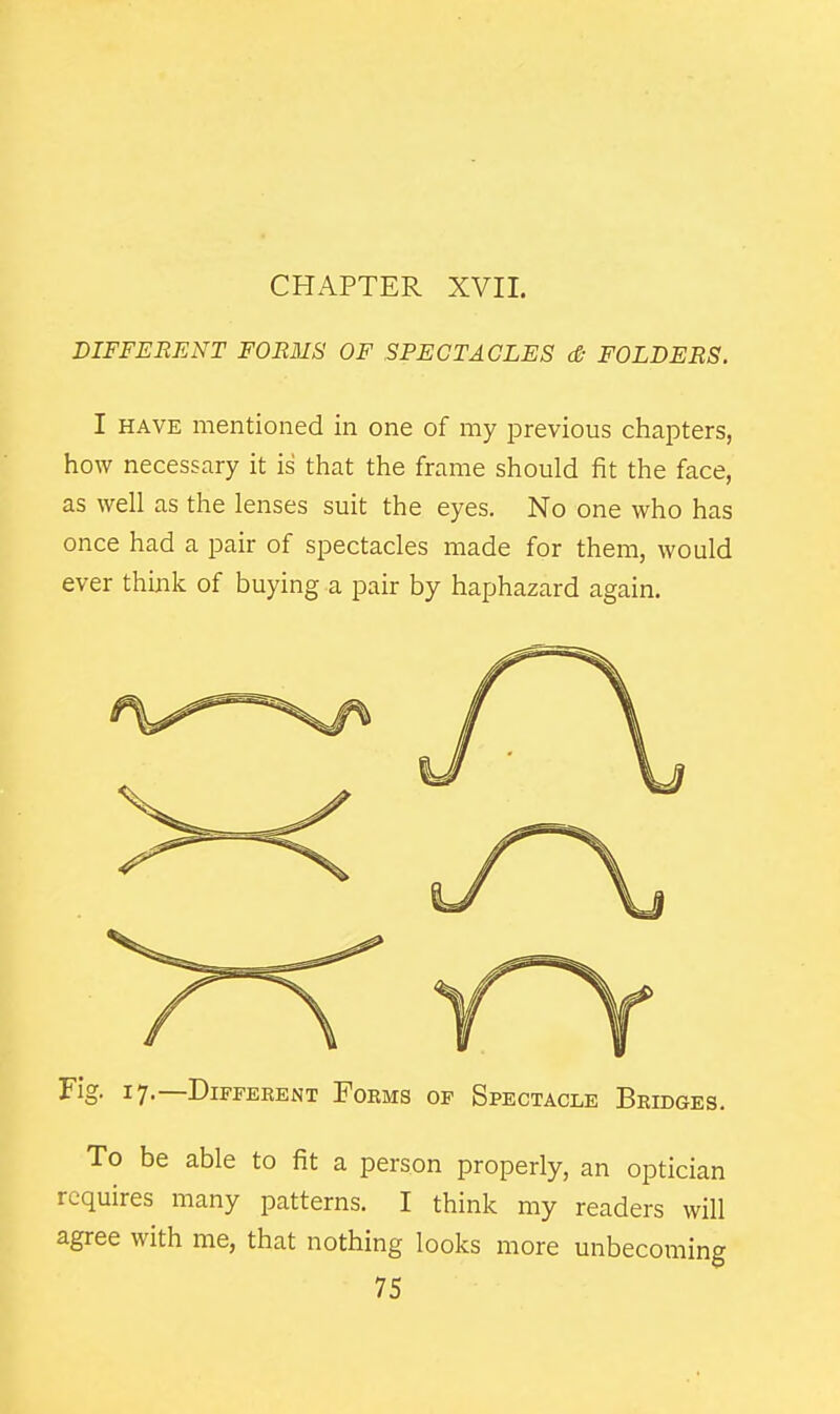 DIFFERENT FORMS OF SPECTACLES (& FOLDERS. I HAVK mentioned in one of my jDrevious chapters, how necessary it is that the frame should fit the face, as well as the lenses suit the eyes. No one who has once had a pair of spectacles made for them, would ever think of buying a pair by haphazard again. Fig. 17.—Different Forms of Spectacle Bridges. To be able to fit a person properly, an optician requires many patterns. I think my readers will agree with me, that nothing looks more unbecoming