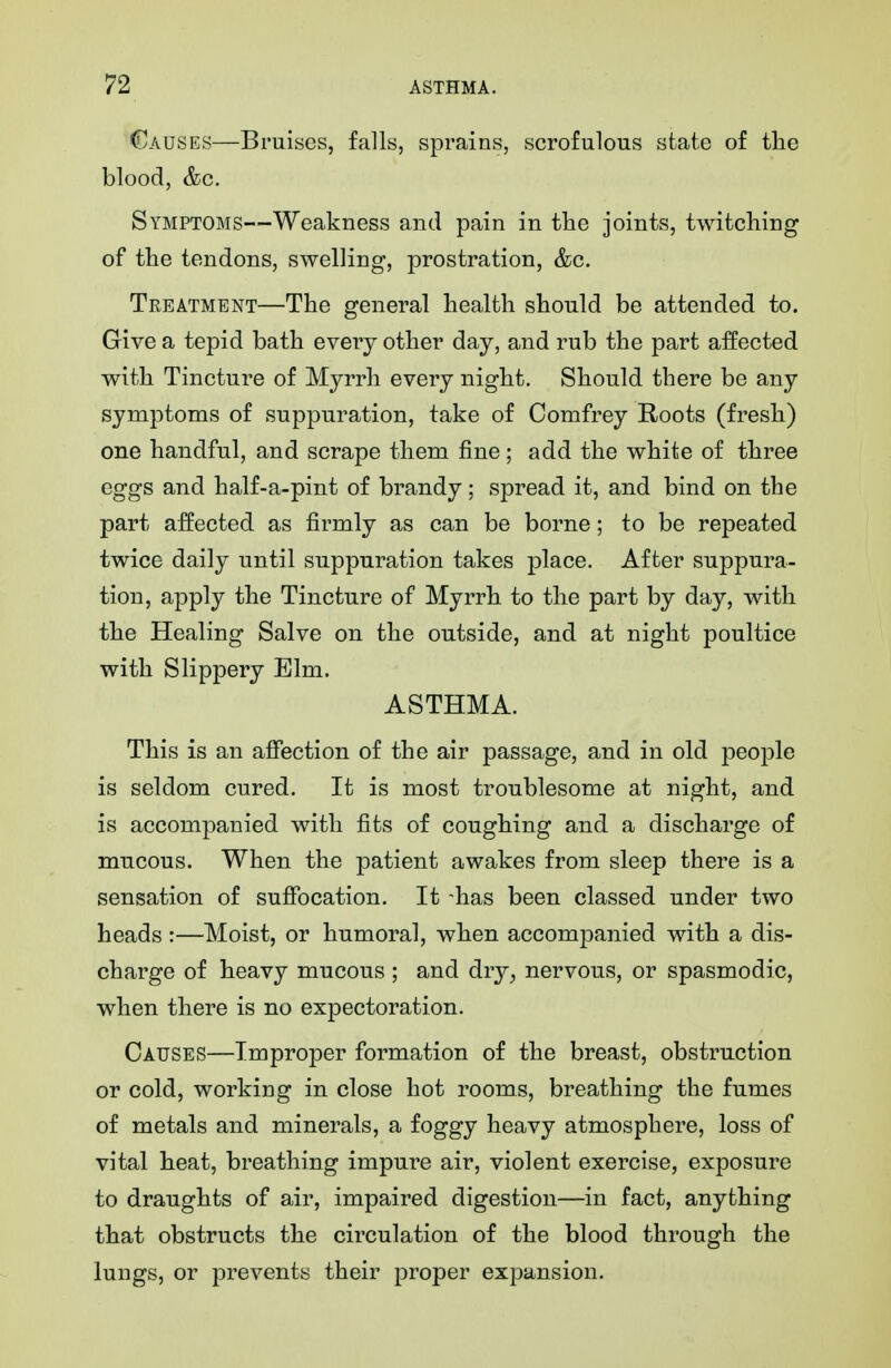 Causes—Bruises, falls, sprains, scrofulous state of the blood, &c. Symptoms—Weakness and pain in the joints, twitcMng of the tendons, swelling, prostration, &c. Treatment—The general health should be attended to. Give a tepid bath every other day, and rub the part affected with Tincture of Myrrh every night. Should there be any symptoms of suppuration, take of Comfrey Roots (fresh) one handful, and scrape them fine; add the white of three eggs and half-a-pint of brandy; spread it, and bind on tbe part affected as firmly as can be borne; to be repeated twice daily until suppuration takes place. After suppura- tion, apply the Tincture of Myrrh to the part by day, with the Healing Salve on the outside, and at night poultice with Slippery Elm, ASTHMA. This is an afiection of the air passage, and in old people is seldom cured. It is most troublesome at night, and is accompanied with fits of coughing and a discharge of mucous. When the patient awakes from sleep there is a sensation of sufibcation. It -has been classed under two heads:—Moist, or humoral, when accompanied with a dis- charge of heavy mucous ; and dry, nervous, or spasmodic, when there is no expectoration. Causes—Improper formation of the breast, obstruction or cold, working in close hot rooms, breathing the fumes of metals and minerals, a foggy heavy atmosphere, loss of vital heat, breathing impure air, violent exercise, exposure to draughts of air, impaired digestion—in fact, anything that obstructs the circulation of the blood through the lungs, or prevents their proper expansion.