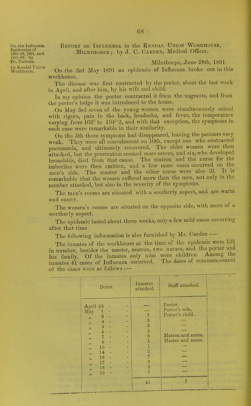 On the Inflnonza Upiflemics of 18Sil-'J0,1891, and 18SI1-92; by Dr. Parsons. In Kondal Union Workhouse. IIepout on Influenza in the Kendal Union Workhouse, MiLNTHOBFE; by J. C. Carden, Medical Officer. Milnthorpe, .Tune 28th, 1891. On the 3rd May 1891 an epidemic of Influenza broke out in this workhouse. The disease was first contracted by the porter, about the last week in April, and after him, by his wife and child. In my opinion the porter contracted it from the vagrants, and from the porter's lodge it was introduced to the house. On May 3rd seven of the young women were simultaneously seized with rigors, pain in the back, headache, and fever, the temperature varying from 103° to 104°-o, and with that exception, the symptoms in each case were remarkable in their similai-ity. On the 5th tho?e symptoms had disappeared, leaving the patients very weak. They were all convalescent on 10th, except one who contracted pneumonia, 'and ultimately recovered. The older women were then attacked, but the prostration seemed more severe, and six, who developed bronchitis, died from that cause. The matron and the nurse for the imbeciles were then smitten, and a few more cases occurred on the men's side. The master and the other nurse were also ill. It is remarkable that the women suffered more than the men, not only in the number attacked, but also in the severity of the symptoms. The men's rooms are situated with a southerly aspect, and are warm and sunny. The women's rooms are situated on the opposite side, with more of a northerly aspect. The epidemic lasted about three weeks, only a few mild cases occurring after that time. The following information is also furnished by Mr. Carden :— The inmates of the workhouse at the time of the epidemic were 101 in number, besides the master, matron, two nurses, and the porter and liis family. Of the inmates only nine were children. Among the inmates 41 cases of Influenza occurred. The dates of commencement of the cases were as follows :— Dates. Inmates attacked. Staff attacked. April 24 May 1 3 - 4 - 5 - 6 - 7 - 8 - 10 - 14 - 16 - 17 - 18 - 19 - 7 3 3 5 6 1 1 2 7 3 2 1 41 Porter. Porter's wife. Porter's child. Matron and nurse. Master and nurse.