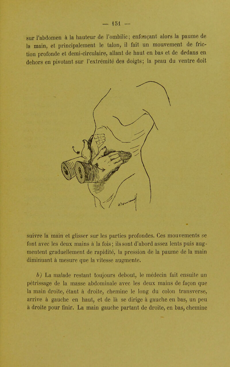 sur l'abdomen à la hauteur de Fombilic; enfonçant alors la paume de la main, et principalement le talon, il fait un mouvement de fric- tion profonde et demi-circulaire, allant de haut en bas et de dedans en dehors eu pivotant sur l'extrémité des doigts ; la peau du ventre doit suivre la main et glisser sur les parties profondes. Ces mouvements ye font avec les deux mains à la fois; ils sont d'abord assez lents puis aug- mentent graduellement de rapidité, la pression de la paume de la main diminuant à mesure que la vitesse augmente. h) La malade restant toujours debout, le médecin fait ensuite un pétrissage de la masse abdominale avec les deux mains de façon que la main droite, étant à droite, chemine le long du colon transverse, arrive à gauche en haut, et de là se dirige à gauche en bas, un peu à droite pour finir. La main gauche partant de droite, en bas, chemine