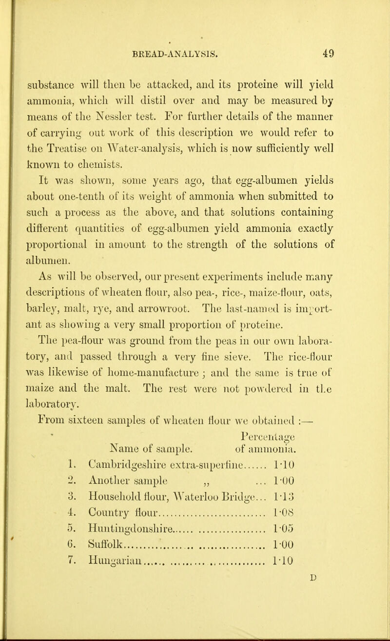 substance will then be attacked, and its proteine will yield ammonia, which will distil over and may be measured by means of the Nessler test. For further details of the manner of carrying out work of this description we would refer to the Treatise on Water-analysis, which is now sufficiently well known to chemists. It was shown, some years ago, that egg-albumen yields about one-tenth of its weight of ammonia when submitted to such a process as the above, and that solutions containing different quantities of egg-albumen yield ammonia exactly proportional in amount to the strength of the solutions of albumen. As will be observed, our present experiments include many descriptions of wlieaten flour, also pea-, rice-, maize-tiour, oats, barley, malt, rye, and arroAvroot. The last-named is im|ort- ant as showiug a very small proportion of proteine. The pea-flour was ground from the peas in our own labora- tory, and passed through a very fine sieve. The rice-flour was likewise of home-manufacture ; and the same is true of maize and the malt. The rest were not powdered in the laboratory. From sixteen samples of wheaten flour we obtained :— Percentage Name of sample. of ammonia. 1. Cambridgeshire extra-superhne,,, MO 2. Another sample ,, 1-00 3. Household flour, AA'aterloo Bridge .. 1-1.3 4. Country flour 1-08 5. Huntingdonshire 1-05 G. Suffolk 1-00 7. Hungarian MO