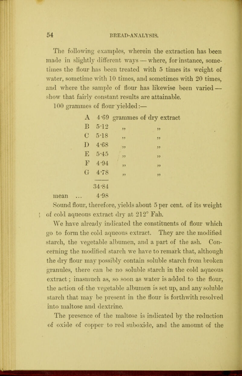 The following examples, wherein the extraction has been made in slightly different ways — where, for instance, some- times the flour has been treated with. 5 times its weis;ht of water, sometime with 10 times, and sometimes with 20 times, and where the sample of flour has likewise been varied — show that fairly constant results are attainable. 100 grammes of flour yielded:— A 4-G9 grammes of dry extract B 5-12 5J >> C 5-18 55 D 4-68 55 E 5-45 55 » F 4-94 55 G 4-78 J5 34-84 4-98 Sound flour, therefore, yields about 5 per cent, of its weight of cold aqueous extract dry at 212° Fah. We have already indicated the constituents of flour which go to form the cold aqueous extract. They are the modified starch, the vegetable albumen, and a part of the ash. Con- cerning the modified starch we have to remark that, although the dry flour may possibly contain soluble starch from ])roken granules, there can be no soluble starch in the cold acpieous extract; inasmuch as, so soon as water is added to the flour, the action of the vegetable albumen is set up, and any solul:>le starch that may l^e present in the flour is forthwith resolved into maltose and dextrine. The presence of the maltose is indicated by the reduction of oxide of copper to red suboxide, and tlie amount of the