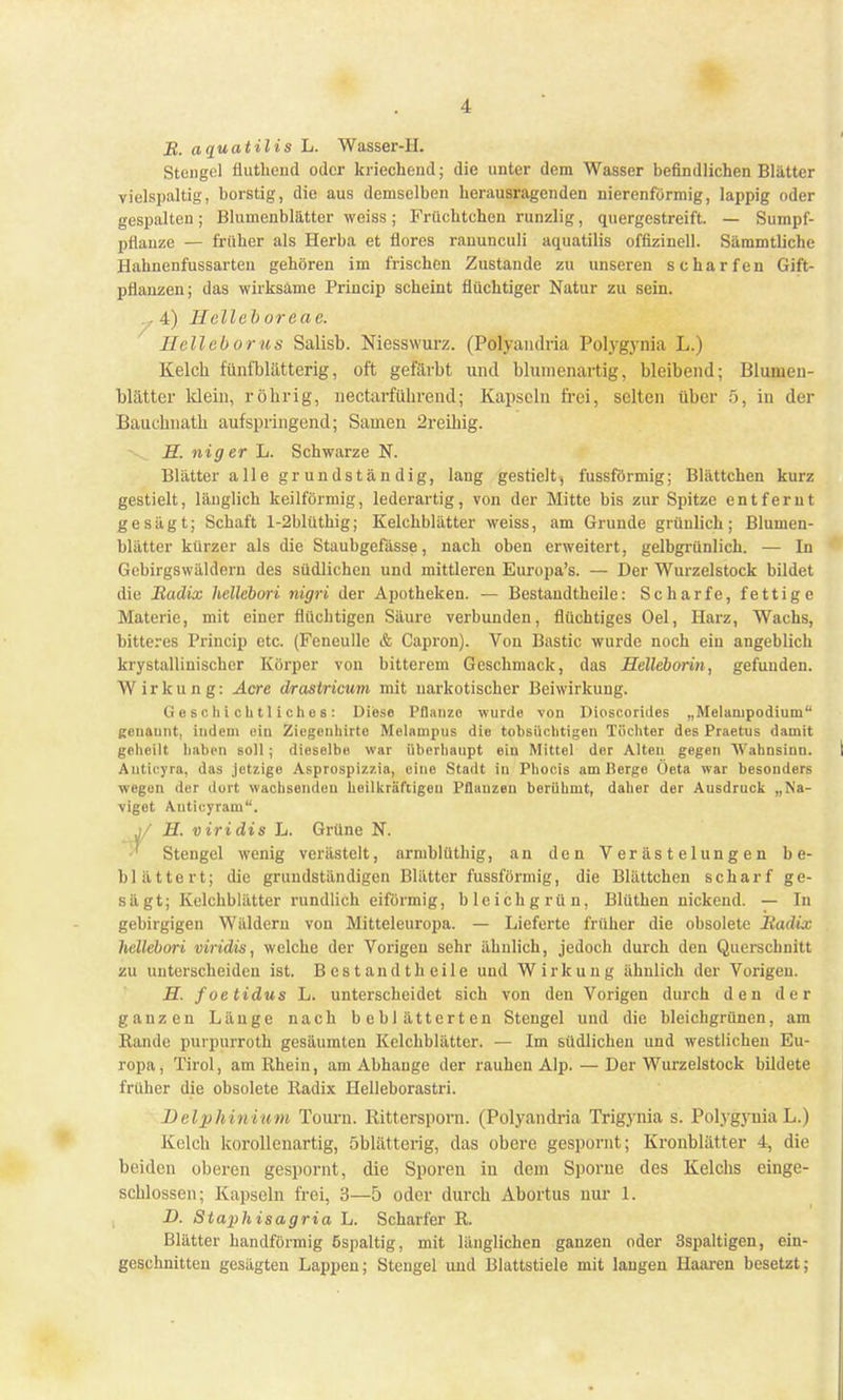 B. aquatilis L. Wasser-H. Stengel fluthend oder kriechend; die unter dem Wasser befindlichen Blätter vielspaltig, borstig, die aus demselben herausragenden nierenförmig, lappig oder gespalten; Blumenblätter weiss; Früchtchen runzlig, quergestreift. — Sumpf- pflanze — früher als Herba et florcs rauuneuli aquatilis offizineil. Sämmtliche Hahnenfussarten gehören im frischen Zustande zu unseren scharfen Gift- pflanzen; das wirksame Princip scheint flüchtiger Natur zu sein. 4) Helleb oreae. Helleborus Salisb. Niesswurz. (Polyandria Polygynia L.) Kelch fünfblätterig, oft gefärbt und blumenartig, bleibend; Blumen- blätter Mein, röhrig, nectarführend; Kapseln frei, selten über 5, in der Bauchnath aufspringend; Samen 2reihig. \ H. niger L. Schwarze N. Blätter alle grundständig, lang gestielt, fussförmig; Blättchen kurz gestielt, länglich keilförmig, lederartig, von der Mitte bis zur Spitze entfernt gesägt; Schaft l-2blüthig; Kelchblätter weiss, am Grunde grünlich; Blumen- blätter kürzer als die Staubgefässe, nach oben erweitert, gelbgrünlich. — In Gebirgswäldern des südlichen und mittleren Europa's. — Der Wurzelstock bildet die Radix hellcbori nigri der Apotheken. — Bestandtheile: Scharfe, fettige Materie, mit einer flüchtigen Säure verbunden, flüchtiges Oel, Harz, Wachs, bitteres Princip etc. (Feneulle & Capron). Von Bastic wurde noch ein angeblich krystallinischer Körper von bitterem Geschmack, das Helleborin, gefunden. W irkung: Acre drastricum mit narkotischer Beiwirkung. Gesell ichtlichos: Diese Pflanze wurde von Dioscorides „Melanipodiuni genannt, indem ein Ziegenhirte Melampus die tobsüchtigen Tochter des Praetus damit geheilt haben soll ; dieselbe war überhaupt ein Mittel der Alten gegen Wahnsinn. Anticvra. das jetzige Asprospizzia, eine Stadt In Phocis am Berge Öeta war besonders wegen der dort wachsenden heilkräftigen Pflanzen berühmt, daher der Ausdruck „Na- viget Anticyram. j/ H. viridis L. Grüne N. Stengel wenig verästelt, armblüthig, an den Verästelungen be- blättert; die grundständigen Blätter fussförmig, die Blättchen scharf ge- sägt; Kelchblätter rundlich eiförmig, bleich grün, Blüthen nickend. — In gebirgigen Wäldern von Mitteleuropa. — Lieferte früher die obsolete Radix hcllebori viridis, welche der Vorigen sehr ähnlich, jedoch durch den Querschnitt zu unterscheiden ist. Bestandtheile und Wirkung ähnlich der Vorigen. H. foetidus L. unterscheidet sich von den Vorigen durch den der ganzen Länge nach beblätterten Stengel und die bleichgrünen, am Rande purpurrotn gesäumten Kelchblätter. — Im südlichen und westliehen Eu- ropa, Tirol, am Khein, am Abhänge der rauhen Alp. — Der Wurzelstock bildete früher die obsolete Radix Helleborastri. Belphinium Touru. Rittersporn. (Polyandria Trigynia s. Polygynia L.) Kelch korallenartig, öblätterig, das obere gespornt; Kronblätter 4, die beiden oberen gespornt, die Sporen in dem Sporne des Kelchs einge- schlossen; Kapseln frei, 3—5 oder durch Abortus nur 1. -D. Staphisagria L. Scharfer R. Blätter bandförmig öspaltig, mit länglichen ganzen oder 3spaltigen, ein- geschnitten gesägten Lappen; Stengel und Blattstiele mit langen Haaren besetzt;