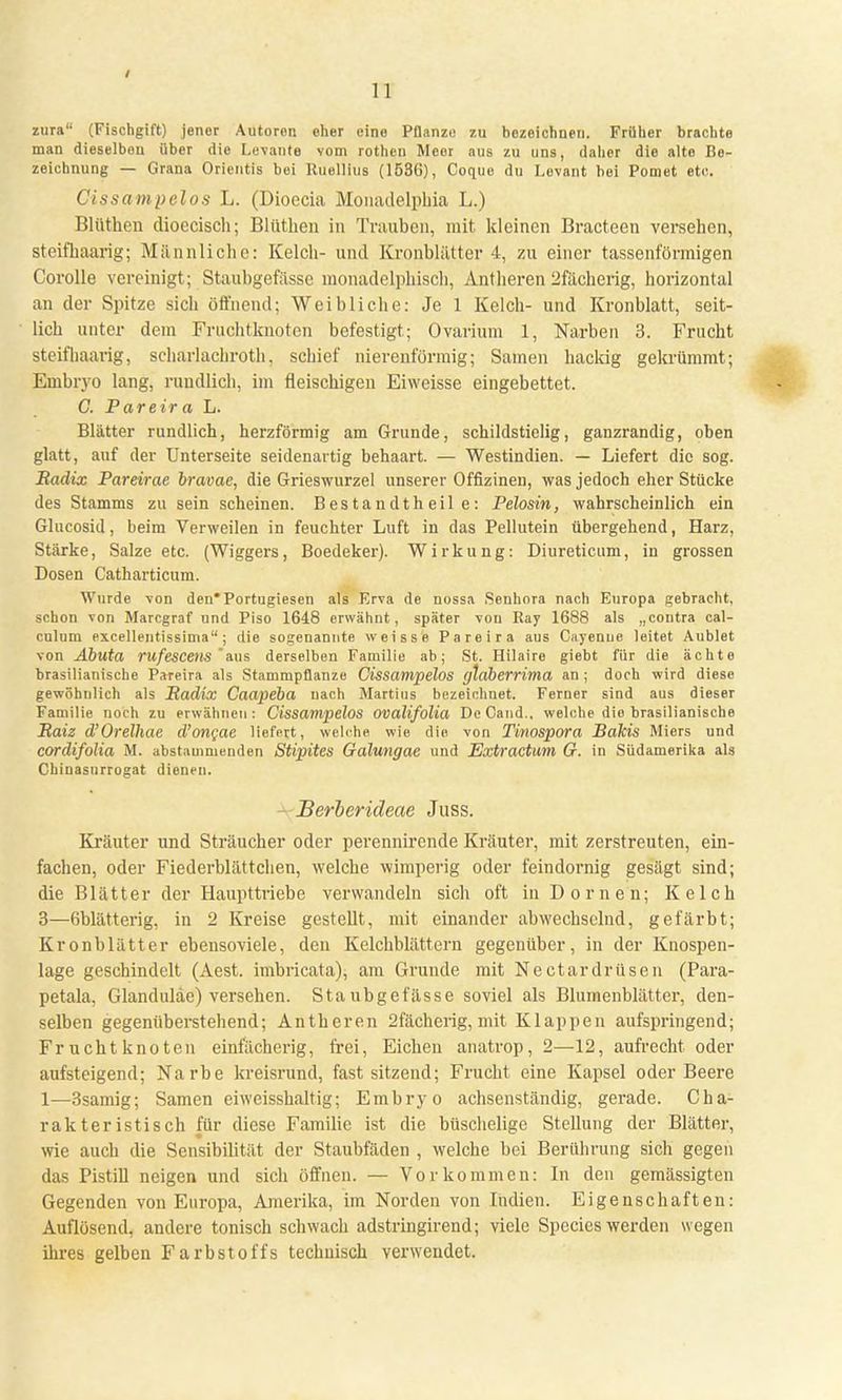 zura (Fischgift) jener Autoren eher eine Pflanze zu bezeichnen. Früher brachte man dieselbou über die Levante vom rothen Meor aus zu uns, daher die alto Be- zeichnung — Grana Orientis bei Ruellius (1536), Coque du Levant bei Pomet etc. Cissampelos L. (Dioecia Monadelphia L.) Blüthen dioeciscli; Blüthen in Trauben, mit kleinen Bracteen versehen, steifhaarig; Männliche: Kelch- und Kronblätter 4, zu einer tassenförmigen Corolle vereinigt; Stauhgefässe monadelphisch, Antheren ^fächerig, horizontal an der Spitze sich öffnend; Weibliche: Je 1 Kelch- und Kronblatt, seit- lich unter dem Fruchtknoten befestigt; Ovarium 1, Narben 3. Frucht steifhaarig, schärlachroth, schief nierenförmig; Samen hackig gekrümmt; Embryo lang, rundlich, im fleischigen Eiweisse eingebettet. C. Pareira L. Blätter rundlich, herzförmig am Grunde, schildstielig, ganzrandig, oben glatt, auf der Unterseite seidenartig behaart. — Westindien. — Liefert die sog. Badix Pareirae bravae, die Grieswurzel unserer Offizinen, was jedoch eher Stücke des Stamms zu sein scheinen. Bestandtheile: Pelosin, wahrscheinlich ein Glucosid, beim Verweilen in feuchter Luft in das Pellutein übergehend, Harz, Stärke, Salze etc. (Wiggers, Boedeker). Wirkung: Diureticum, in grossen Dosen Catharticum. Wurde von den*Portugiesen als Erva de nossa Senhora nach Europa gebracht, schon von Marcgraf und Piso 1648 erwähnt, spater vou Ray 1688 als „contra cal- culum excellentissima ; die sogenannte weisse Pareira aus Cayenue leitet Aublet von Äbuta rufescens 'aus derselben Familie ab; St. Hilaire giebt für die ächte brasilianische Pareira als Stammpflanze Cissampelos gtaberrima an ; doch wird diese gewöhnlich als Radix Caapeba nach Martius bezeichnet. Ferner sind aus dieser Familie noch zu erwähnen: Cissampelos ovalifolia DeOand., welche die brasilianische Baiz d'Orelhae d'ongae liefert, welche wie die von Tinospora Bakis Miers und cordifolia M. abstammenden Stipites Galungae und Extractum G. in Südamerika als Chiuasurrogat dienen. Berberideae Juss. Kräuter und Sträucher oder perennirende Kräuter, mit zerstreuten, ein- fachen, oder Fiederblättchen, welche wimperig oder feindornig gesägt sind; die Blätter der Haupttriebe verwandeln sich oft in Dornen; Kelch 3—6blätterig. in 2 Kreise gestellt, mit einander abwechselnd, gefärbt; Kronblätter ebensoviele, den Kelchblättern gegenüber, in der Knospen- lage geschindelt (Aest. imbricata), am Grunde mit Nectardrüsen (Para- petala, Glandulae) versehen. Staubgefässe soviel als Blumenblätter, den- selben gegenüberstehend; Antheren 2fächerig, mit Klappen aufspringend; Fruchtknoten einfächerig, frei, Eichen anatrop, 2—12, aufrecht oder aufsteigend; Narbe kreisrund, fast sitzend; Frucht eine Kapsel oder Beere 1—3samig; Samen eiweisshaltig; Embryo achsenständig, gerade. Cha- rakteristisch für diese Familie ist die huschelige Stellung der Blätter, wie auch die Sensibilität der Staubfäden , welche bei Berührung sich gegen das Pistill neigen und sich öffnen. — Vorkommen: In den gemässigten Gegenden von Europa, Amerika, im Norden von Indien. Eigenschaften: Auflösend, andere tonisch schwach adstringirend; viele Spccies werden wegen ihres gelben Farbstoffs technisch verwendet.