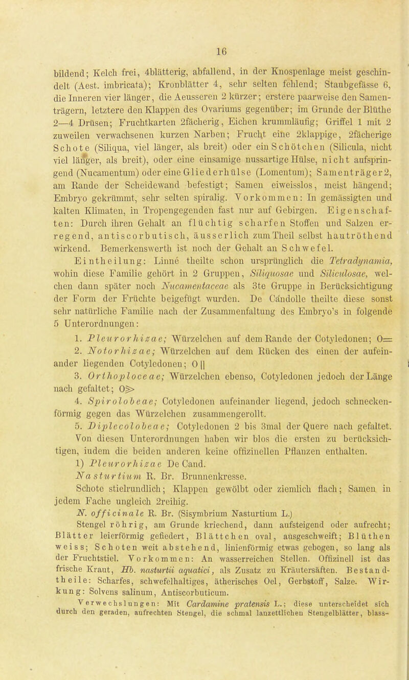 1(1 bildend; Kelch frei, 4blätterig, abfallend, in der Knospenlage meist geschin- delt (Aest. imbricata); Kronblätter 4, sehr selten fehlend; Staubgcfässe 6, die Inneren vier länger, die Aeusseren 2 kürzer; erstere paarweise den Samen- trägern, letztere den Klappen des Ovariums gegenüber; im Grunde derBlüthe 2_4 Drüsen; Fruchtkarten 2fächerig, Eichen krummläufig; Griffel 1 mit 2 zuweilen verwachsenen kurzen Narben; Fruch,t eine 2klappige, 2fächerige Schote (Siliqua, viel länger, als breit) oder eiuSchötchen (Silicula, nicht viel länger, als breit), oder eine einsamige nussartige Hülse, nicht aufsprin- gend (Nucamentum) oder eine Gliederhülse (Lomentum); Samenträger 2, am Rande der Scheidewand befestigt; Samen eiweisslos, meist hängend; Embryo gekrümmt, sehr selten spiralig. Vorkommen: In gemässigten und kalten Kümaten, in Tropengegenden fast nur auf Gebirgen. Eigenschaf- ten: Durch ihren Gehalt an flüchtig scharfen Stoffen und Salzen er- regend, antiscorbutisch, äusserlich zumTheil selbst hautrüthend wirkend. Bemerkenswerth ist noch der Gehalt an Schwefel. Eintheilung: Linne theilte schon ursprünglich die Tetradynamia, wohin diese Familie gehört in 2 Gruppen, SilAquosae und Silicidosae, wel- chen dann später noch Nucamentaccac als 3te Gruppe in Berücksichtigung der Form der Früchte beigefügt wurden. De Cändollc theilte diese sonst sehr natürliche Familie nach der Zusammenfaltuug des Embryo's in folgende 5 Unterordnungen: 1. Pleurorhizae; Würzelchcn auf dem Rande der Cotyledonen; 0= 2. Notorhizac; Würzelchen auf dem Rücken des einen der aufein- ander liegenden Cotyledonen; 0 || 3. Orthoploceae; Würzelchcn ebenso, Cotyledonen jedoch der Länge nach gefaltet; 0§> 4. Spirolobeae; Cotyledonen aufeinander liegend, jedoch schnecken- förmig gegen das Würzelchen zusammengerollt. 5. Diplccolobcae; Cotyledonen 2 bis 3mal der Quere nach gefaltet. Von diesen Unterordnungen baten wir blos die ersten zu berücksich- tigen, iudem die beiden anderen keine offizinellen Pflanzen enthalten. 1) Pleurorhizae De Cand. Na sturtium R. Br. Brunnenkresse. Schote stielrundlich; Klappen gewölbt oder ziemlich flach; Samen in jedem Fache ungleich 2reihig. N. officinale R. Br. (Sisymbrium Nasturtium L.) Stengel röhrig, am Grunde kriechend, dann aufsteigend oder aufrecht; Blätter leierförmig gefiedert, Blättchen oval, atisgeschweift; Blüthen weiss; Schoten weit abstehend, linienförmig etwas gebogen, so lang als der Fruchtstiel. Vorkommen: An wasserreichen Stellen. Offizineil ist das frische Kraut, Hb. nasturtii aquatici, als Zusatz zu Kräutersäften. Bestand- teile: Scharfes, schwefelhaltiges, ätherisches Oel, Gerbstoff, Salze. Wir- kung: Solvens salinum, Antiscorbuticum. Verwechslungen: Mit Cardamine jjrntettsis L.; diese unterscheidet sich durch den geraden, aufrechten Stengel, die schmal lanzettlicheu Stengelblätter, blass-