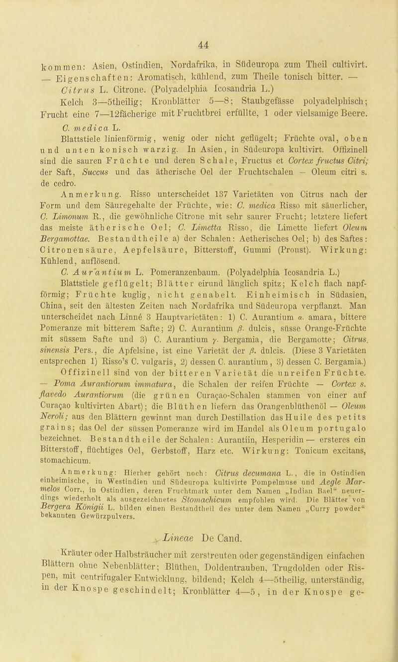 kommen: Asien, Ostindien, Nordafrika, in Südeuropa zum Tlieil cultivirt. — Eigenschaften: Aromatisch, kühlend, zum Theile tonisch bitter. — Citrus L. Citrone. (Polyadelphia icosandria L.) Kelch 3—Stheilig; Kronblättcr 5—8; Staubgefässe polyadelphisch; Frucht eine 7—12fächerige mit Fruchtbrei erfüllte, 1 oder viclsamigc Beere. C. medica L. Blattstiele linienförmig, wenig oder nicht geflügelt; Früchte oval, oben und unten konisch warzig. In Asien, in Südeuropa kultivirt. Offizinell sind die sauren Früchte und deren Schale, Fructus et Cortex frtictus Citri; der Saft, Succus und das ätherische Oel der Fruchtschalen — Oleum citri s. de cedro. Anmerkung. Risso unterscheidet 137 Varietäten von Citrus nach der Form und dem Säuregehalte der Früchte, wie: C. medica Risso mit säuerlicher, C. Idmonum R., die gewöhnliche Citrone mit sehr saurer Frucht; letztere liefert das meiste ätherische Oel; C. IÄmetta Risso, die Limette liefert Oleum Bergamottae. Bestaudtheile a) der Schalen: Aetherisches Oel; h) des Saftes: C i tronen säure, Aepfelsäure, Bitterstoff, Gummi (Proust). Wirkung: Kühlend, auflösend. C. Aur'antium L. Pomeranzenbaum. (Polyadelphia Icosandria L.) Blattstiele geflügelt; Blätter eirund länglich spitz; Kelch flach napf- förmig; Früchte kuglig, nicht genabelt. Einheimisch in Südasien, China, seit den ältesten Zeiten nach Nordafrika und Südeuropa verpflanzt. Man unterscheidet nach Linne 3 Hauptvarietaten: 1) C. Aurantium «. amara, bittere Pomeranze mit bitterem Safte; 2) C. Aurantium ß. dulcis, süsse Orange-Früchte mit süssem Safte und 3) C. Aurantium y. Bergamia, die Bergamotte; Citrus, sinensis Pers., die Apfelsine, ist eine Varietät der ß. dulcis. (Diese 3 Varietäten entsprechen 1) Risso's C. vulgaris, 2) dessen C. aurantium, 3) dessen C. Bergamia.) Offizinell sind von der bitt er c n Vari e tat die unreifen Früchte. — Poma Aurantiorum immatura, die Schalen der reifen Früchte — Cortex s. flavedo Aurantiorum (die g r ü n e n Guracao-Schalen stammen von einer auf Curagao kultivirten Abart); die Blüthen liefern das Orangenblüthenöl — Oleum Neroli; aus den Blättern gewinnt man durch Destillation dasHuile des petits graius; das Oel der süssen Pomeranze wird im Handel als Oleum portugalo bezeichnet. Bestand theile der Schalen: Aurantiin, Hesperidin— ersteres ein Bitterstoff, flüchtiges Oel, Gerbstoff, Harz etc. Wirkung: Tonicum excitans, stomachicum. Anmerkung: Hierher gebort noch: Citrus decumana L., die in Ostindien einheimische, in Westindien und Südeuropa kultivirte Pmnpelrnuse und Aegle Mar- melos Corr., in Ostindien, deren Fruchtmark unter dem Namen „Indian Baal neuer; dings wiederholt als ausgezeichnetes StOmachicwm empfohlen wird. Die Blättw'von Bergera Königii L. bilden einen Bestandteil des unter dem Namen „Curry powder bekaunten Gewürzpulvers. Lineae De Cand. Kräuter oder Halbsträucher mit zerstreuten oder gegenständigen einfachen Blättern ohne Nebenblätter; Blüthen, Doldentrauben, Trugdolden oder Ris- pen, mit ccntrifugaler Entwicklung, bildend; Kelch 4—Ötheilig, unterständig, m der Knospe geschindelt; Kronblätter 4—5, in der Knospe ge-