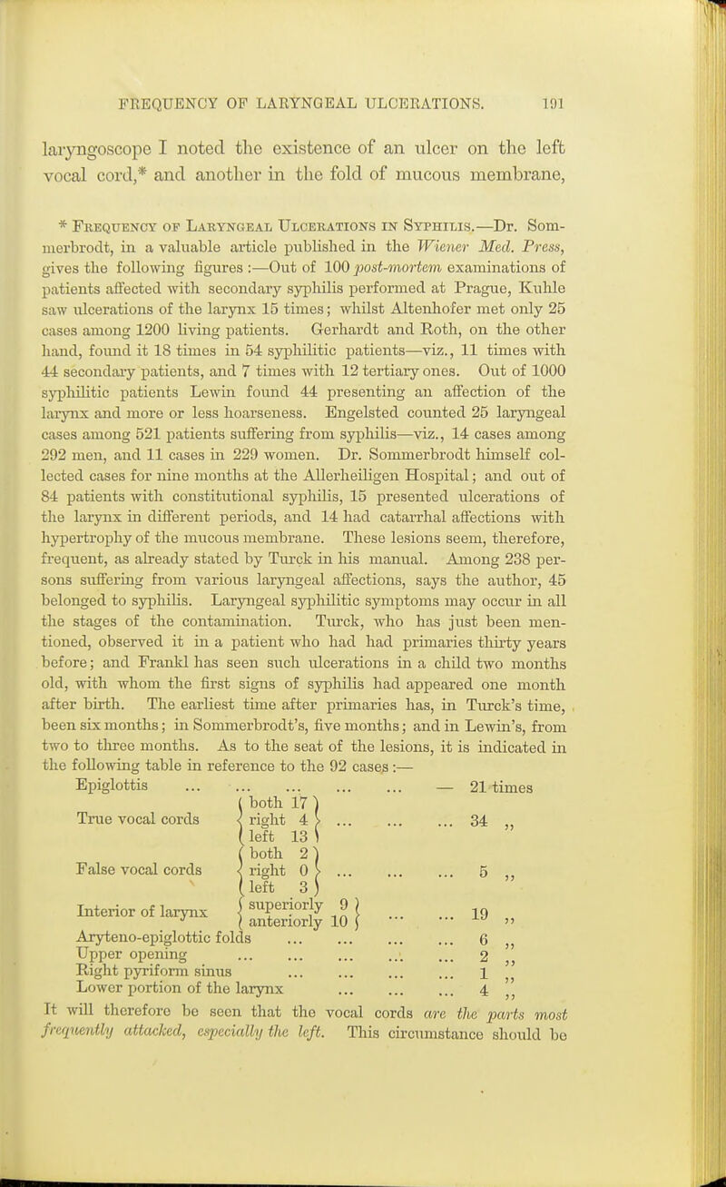 laryngoscope I noted the existence of an ulcer on the left vocal cord,* and another in the fold of mucous membrane, * Frequency of Laryngeal Ulcerations in Syphilis.—Dr. Som- merbrodt, in a valuable article published in the Wiener Med. Press, gives the following figures :—Out of 100 post-mortem examinations of patients affected with secondary syphilis performed at Prague, Kuhle saw ulcerations of the larynx 15 times; whilst Altenhofer met only 25 cases among 1200 living patients. Gerhardt and Roth, on the other hand, found it 18 times in 54 syphilitic patients—viz., 11 times with 44 secondary patients, and 7 times with 12 tertiary ones. Out of 1000 syphilitic patients Lewin found 44 presenting an affection of the larynx and more or less hoarseness. Engelsted counted 25 laryngeal cases among 521 patients suffering from syphilis—viz., 14 cases among 292 men, and 11 cases in 229 women. Dr. Sommerbrodt himself col- lected cases for nine months at the Allerheiligen Hospital; and out of 84 patients with constitutional syphilis, 15 presented ulcerations of the larynx in different periods, and 14 had catarrhal affections with hypertrophy of the mucous membrane. These lesions seem, therefore, frequent, as already stated by Turck in his manual. Among 238 per- sons suffering from various laryngeal affections, says the author, 45 belonged to syphilis. Laryngeal syphilitic symptoms may occur in all the stages of the contamination. Turck, who has just been men- tioned, observed it in a patient who had had primaries thirty years before; and Frank! has seen such ulcerations in a child two months old, with whom the first signs of syphilis had appeared one month after birth. The earliest time after primaries has, in Turck's time, been six months; in Sommerbrodt's, five months; and in Lewin's, from two to three months. As to the seat of the lesions, it is indicated in the following table in reference to the 92 cases:— Epiglottis ... — 21 times ( both 17 ) True vocal cords < right 4 > 34 (left 13 \ C both 2 ) False vocal cords < right 0 > 5 (left 3 j Interior of larynx j superiorly 9 ) J I anteriorly 10 j J  Aryteno-epiglottic folds 6 ,, Upper opening •. ... 2 Right pyriform sinus 1  Lower portion of the larynx 4  It will therefore be seen that the vocal cords are the parts most freqwntly attacked, especially the left. This circumstance should be