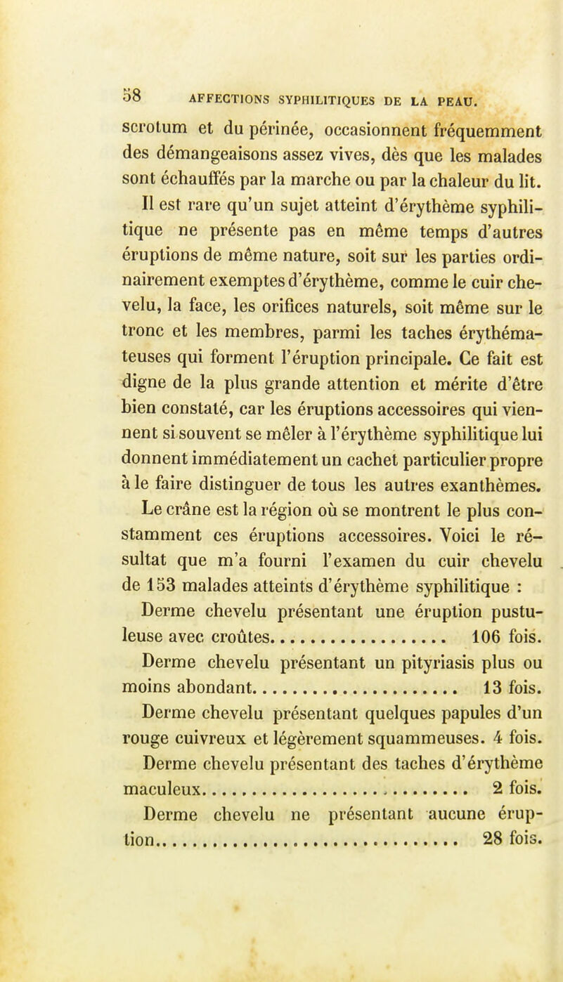 scrotum et du périnée, occasionnent fréquemment des démangeaisons assez vives, dès que les malades sont échauffés par la marche ou par la chaleur du lit. Il est rare qu'un sujet atteint d'érythème syphili- tique ne présente pas en même temps d'autres éruptions de même nature, soit sur les parties ordi- nairement exemptes d'érythème, comme le cuir che- velu, la face, les orifices naturels, soit même sur le tronc et les membres, parmi les taches érythéma- teuses qui forment l'éruption principale. Ce fait est digne de la plus grande attention et mérite d'être bien constaté, car les éruptions accessoires qui vien- nent si souvent se mêler à l'érythème syphilitique lui donnent immédiatement un cachet particulier propre à le faire distinguer de tous les autres exanthèmes. Le crâne est la région où se montrent le plus con- stamment ces éruptions accessoires. Voici le ré- sultat que m'a fourni l'examen du cuir chevelu de 153 malades atteints d'érythème syphilitique : Derme chevelu présentant une éruption pustu- leuse avec croûtes 106 fois. Derme chevelu présentant un pityriasis plus ou moins abondant 13 fois. Derme chevelu présentant quelques papules d'un rouge cuivreux et légèrement squammeuses. 4 fois. Derme chevelu présentant des taches d'érythème maculeux 2 fois. Derme chevelu ne présentant aucune érup- tion 28 fois.