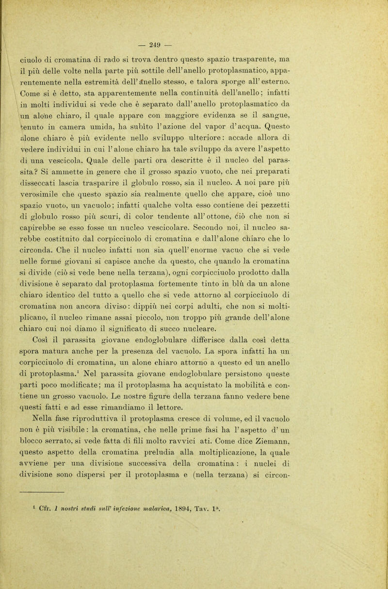 ciuolo di cromatina di rado si trova dentro questo spazio trasparente, ma il più delle volte nella parte più sottile dell' anello protoplasmatico, appa- , rentemente nella estremità deirgtnello stesso, e talora sporge all'esterno. \ Come si è detto, sta apparentemente nella continuità dell'anello; infatti \ in molti individui si vede che è separato dall' anello protoplasmatico da un alone chiaro, il quale appare con maggiore evidenza se il sangue, tenuto in camera umida, ha subito l'azione del vapor d'acqua. Questo alone chiaro è più evidente nello sviluppo ulteriore : accade allora di vedere individui in cui l'alone chiaro ha tale sviluppo da avere l'aspetto di una vescicola. Quale delle parti ora descritte è il nucleo del paras- sita? Si ammette in genere che il grosso spazio vuoto, che nei preparati disseccati lascia trasparire il globulo rosso, sia il nucleo. A noi pare più verosimile che questo spazio sia realmente quello che appare, cioè uno spazio vuoto, un vacuolo ; infatti qualche volta esso contiene dei pezzetti di globulo rosso più scuri, di color tendente all' ottone, ciò che non si capirebbe se esso fosse un nucleo vescicolare. Secondo noi, il nucleo sa- rebbe costituito dal corpicciuolo di cromatina e dall'alone chiaro che lo circonda. Che il nucleo infatti non sia quell' enorme vacuo che si vede nelle forme giovani si capisce anche da questo, che quando la cromatina si divide (ciò si vede bene nella terzana), ogni corpicciuolo prodotto dalla divisione è separato dal protoplasma fortemente tinto in blù da un alone chiaro identico del tutto a quello che si vede attorno al corpicciuolo di cromatina non ancora diviso : dippiù nei corpi adulti, che non si molti- plicano, il nucleo rimane assai piccolo, non troppo più grande dell'alone chiaro cui noi diamo il significato di succo nucleare. Cosi il parassita giovane endoglobulare differisce dalla cosi detta spora matura anche per la presenza del vacuolo. La spora infatti ha un corpicciuolo di cromatina, un alone chiaro attorno a questo ed un anello di protoplasma.^ Nel parassita giovane endoglobulare persistono queste parti poco modificate ; ma il protoplasma ha acquistato la mobilità e con- tiene un grosso vacuolo. Le nostre figure della terzana fanno vedere bene questi fatti e ad esse rimandiamo il lettore. Nella fase riproduttiva il protoplasma cresce di volume, ed il vacuolo non è più visibile : la cromatina, che nelle prime fasi ha l'aspetto d' un blocco serrato, si vede fatta di fili molto ravvici ati. Come dice Ziemann, questo aspetto della cromatina preludia alla moltiplicazione, la quale avviene per una divisione successiva della cromatina : i nuclei di divisione sono dispersi per il protoplasma e (nella terzana) si circon- ^ Cfr. 1 nostri studi snW infezione malarica, 1894, Tax. 1^.