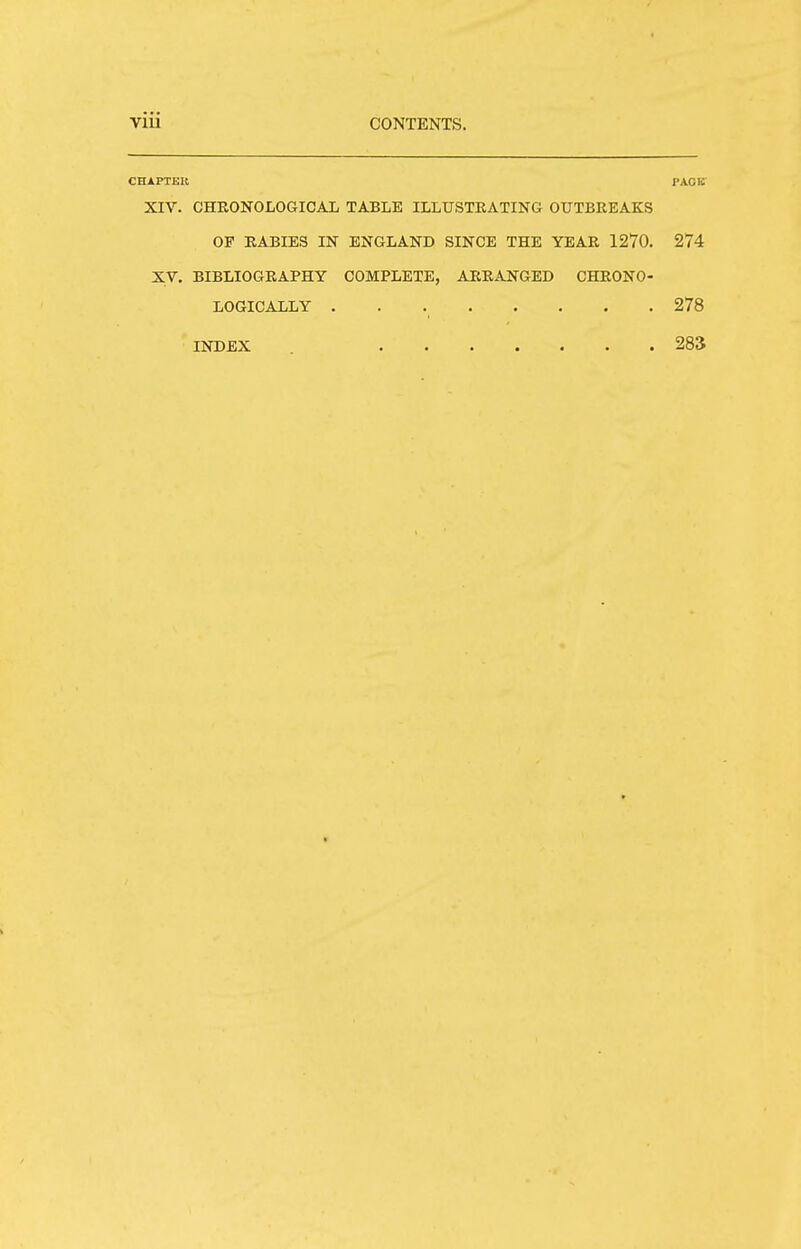 CHAPTEK PACK XIV. CHRONOLOGICAL TABLE ILLUSTEATING OUTBREAKS OF RABIES IN ENGLAND SINCE THE YEAR 1270. 274 XV. BIBLIOGRAPHY COMPLETE, ARRANGED CHRONO- LOGICALLY 278 INDEX 283