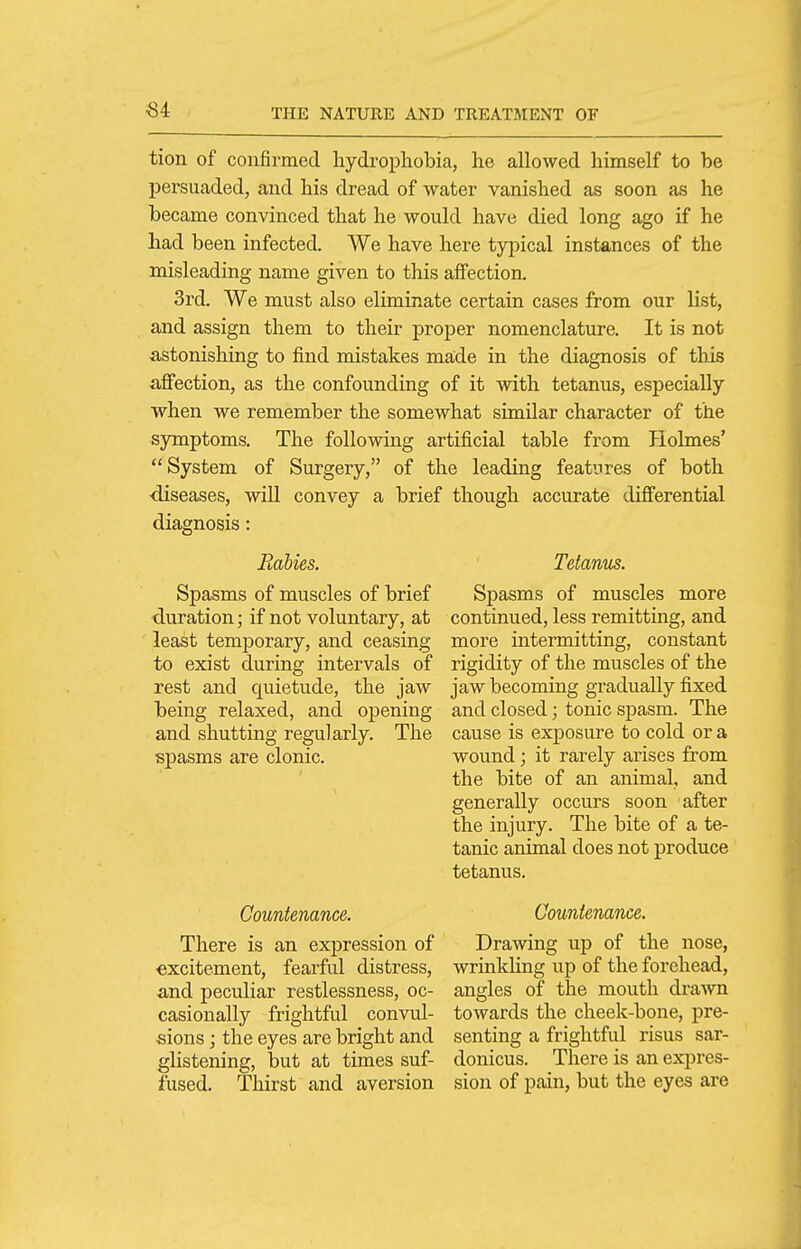 84: tion of confirmed liydropliobia, ho allowed himself to be persuaded, and liis dread of water vanished as soon as he became convinced that he would have died long ago if he had been infected. We have here typical instances of the misleading name given to this affection. 3rd. We must also eliminate certain cases from our list, and assign them to their proper nomenclature. It is not astonishing to find mistakes made in the diagnosis of this afi'ection, as the confounding of it with tetanus, especially when we remember the somewhat similar character of the symptoms. The following artificial table from Holmes' System of Surgery, of the leading features of both ■diseases, will convey a brief though accurate differential diagnosis: Babies. Tetanus. Spasms of muscles of brief Spasms of muscles more duration; if not voluntary, at continued, less remitting, and least temporary, and ceasing more intermitting, constant to exist during intervals of rigidity of the muscles of the rest and quietude, the jaw jaw becoming gradually fixed being relaxed, and opening and closed; tonic spasm. The and shutting regularly. The cause is exposure to cold or a spasms are clonic. wound; it rarely arises from the bite of an animal, and generally occurs soon after the injury. The bite of a te- tanic animal does not produce tetanus. Countenance. Countenance. There is an expression of Drawing up of the nose, excitement, fearful distress, wrinkling up of the forehead, and peculiar restlessness, oc- angles of the mouth drawn casionally frightful convul- towards the cheek-bone, pre- sions; the eyes are bright and senting a frightful risus sar- glistening, but at times suf- donicus. There is an exjjres- fused. Thirst and aversion sion of pain, but the eyes are