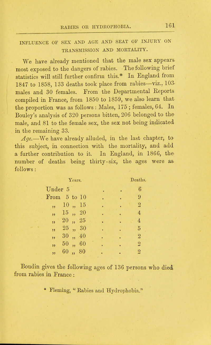 INFLUENCE OF SEX AND AGE AND SEAT OF INJURY ON TRANSMISSION AND MORTALITY. We have already mentioned that the male sex appears- most exposed to the dangers of rabies. The following brief statistics will still further confirm this.* In England from 1847 to 1858, 133 deaths took place from rabies—viz.. 103. males and 30 females. From the Departmental Eeports compiled in France, from 1850 to 1859, we also learn that the proportion was as follows : Males, 175 ; females, 64. In Bouley's analysis of 320 persons bitten, 206 belonged to the male, and 81 to the female sex, the sex not being indicated in the remaining 33. Age.—We have already alluded, in the last chapter, to this subject, in connection with the mortality, and add a further contribution to it. In England, in 1866, the number of deaths being thirty-six, the ages were as- follows: Years. Deaths. Under 5 . . 6 From 5 to 10 . . 9 „ 10 „ 15 . . 2 „ 15 „ 20 . . 4 20 „ 25 . . 4 „ 25 „ 30 . . 5 ,, 30 „ 40 . . 2 „ 50 „ 60 . . 2 „ 60 „ 80 . . 2 Boudin gives the following ages of 136 persons who died from rabies in France : * Fleming,  Eabies and Hydrophobia.