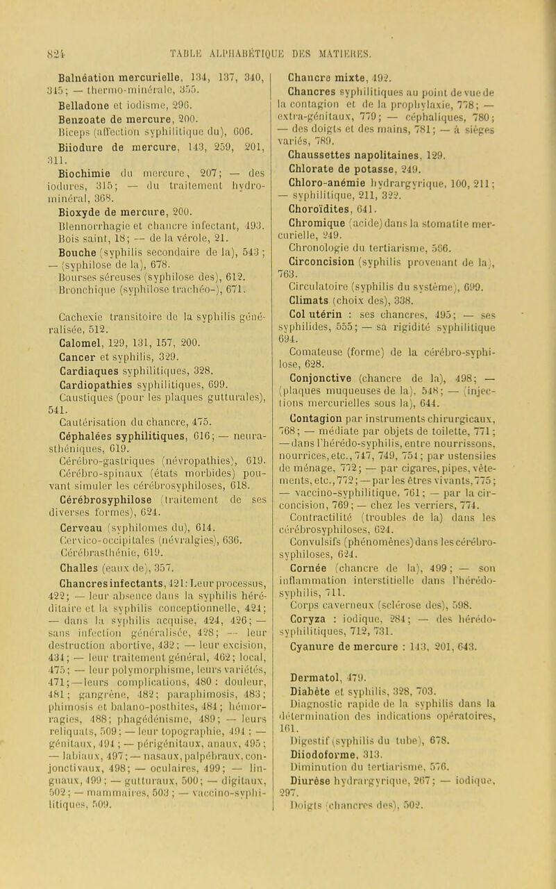 Balnéation mercurielle, 134, L87, 840, 31) ; — thermo-minérale, 355. Belladone et iodisme, 296. Benzoate de mercure, 200. Biceps (affectidn syphilitique du), 006. Biiodure de mercure, 143, 259, 201, 811. Biochimie du mercure, 207; — des iodures, 315; — du traitement hydro- minéral, 368. Bioxyde de mercure, 200. Blennorrhagie et chancre infectant, 193. Bois saint, 18; — de la vérole, 21. Bouche (syphilis secondaire de la), 543 ; — (syphilose de la), 678. Bourses séreuses (syphilose des), 612. Bronchique (syphilose trachéo-), 671. Cachexie transitoire de la syphilis géné- ralisée, 512. Calomel, 129, 131, 157, 200. Cancer et syphilis, 329. Cardiaques syphilitiques, 328. Cardiopathies syphilitiques, 699. Caustiques (pour les plaques gutturales), 541. Cautérisation du chancre, 475. Céphalées syphilitiques, 616; — neura- sthéniques, 619. Cérébro-gastriques (névropathies), 619. Cérébro-spinaux (états morbides) pou- vant simuler les cérébrosyphiloses, 618. Cérébrosyphilose (traitement de ses diverses formes), 624. Cerveau (syphilomes du), 614. Cervico-occipitales (névralgies), 636. Cérébrasthénie, 619. Challes (eaux de), 357. Chancres infectants, 121: Leur processus, 422; — leur absence dans la syphilis héré- ditaire et la syphilis conceptionnelle, 424; — dans la syphilis acquise, 424, 426; — sans infection généralisée, 428; — leur destruction abortive, 432; — leur excision, 434; — leur traitement général, 40-2; local, 475; — leur polymorphisme, leurs variétés, 471; — leurs complications, 480: douleur, 481; gangrène, 182: paraphimosis, 183; phimosis et balano-poslhites, 484 ; hémor- ragies, 188; phagédénisme, 489; — leurs reliquats, 509: — leur topographie, 494 : — génitaux, 494 ; — périgénitaux, anaux, 495 : — labiaux, 497; — nasaux, palpébraux, eon- jonctivaux, 498; — oculaires, 499; — lin- guaux, 199; — gutturaux. 500; — digitaux, 502; — mammaires, 503 ; — vaceino-svphi- litiques. 509. Chancre mixte, 492. Chancres syphilitiques au point de vuede la contagion et de la prophylaxie, 778; — extra-génitaux, 779; — céphaliques, 780; — des doigts et des mains, 781 ; — à sièges variés, 789. Chaussettes napolitaines. 129. Chlorate de potasse, 249. Chloro-anémie hydrargyrique, 100,211; — syphilitique, 211, 322. Choroïdites, 641. Chromique 'acide) dans la stomatite mer- curielle, 249. Chronologie du tertiarisme, 586. Circoncision (syphilis provenant de la), 763. Circulatoire (syphilis du système,, 099. Climats (choix des), 338. Col utérin : ses chancres, 495; — ses svphilides, 555; — sa rigidité syphilitique 694. Comateuse (forme) de la cérébro-svphi- lose, 628. Conjonctive (chancre de la), 498; — (plaques muqueuses de la), 548; — 'injec- tions mercurielles sous la), 644. Contagion par instruments chirurgicaux. 768; — médiate par objets de toilette, 771 ; — dans l'hérédo-syphilis, entre nourrissons, nourrices,etc., 747, 749, 754; par ustensiies de ménage, 772; — par cigares, pipes, vête- ments, etc., 772; —par les êtres vivants,775 ; — vaccino-syphilitique, 761; — par la cir- concision, 769; — chez les verriers, 774. Contractilité (troubles de la) dans les cérébrosyphiloses, 624. Convulsifs (phénoméncs)dans les cérébro- syphiloses, 624. Cornée (chancre de la), 499 ; — son inflammation interstitielle dans l'hérédo- syphilis, 711. Corps caverneux (sclérose des), 598. Coryza : iodique, 284; — des hérédo- syphilitiques, 712, 731. Cyanure de mercure : 143, 201, 643. Dermatol. 179. Diabète et syphilis, 328, 703. Diagnostic rapide île la syphilis dans la détermination des indications opératoires, 161. Digestif ^syphilis du tube',, 678. Diiodoforme. 313. Diminution du tertiarisme. 576. Diurèse hydrargvrique, 267; — iodique, 297. Doigts chancres des). 502.