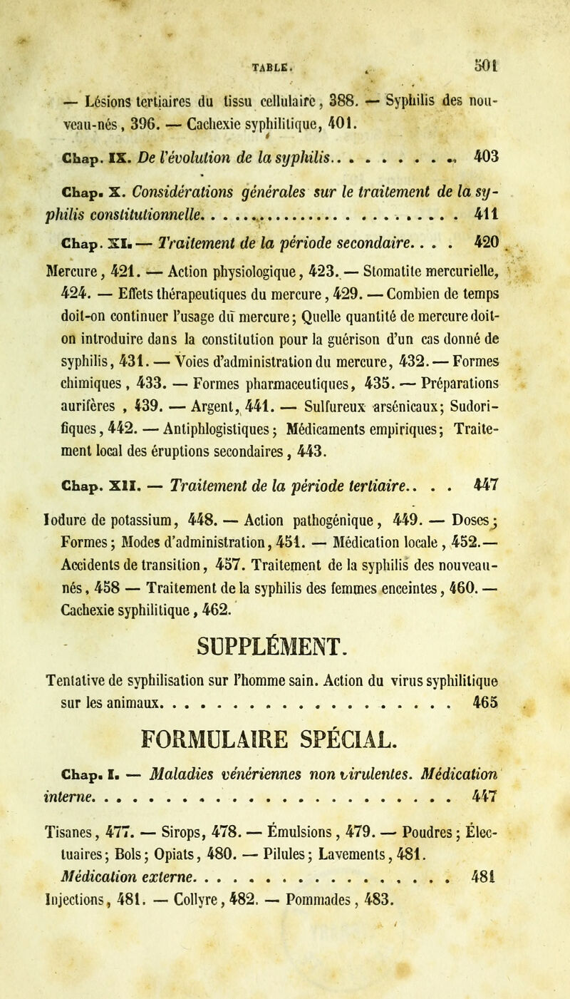 — Lésions tertiaires du tissu cellulaire, 388. — Syphilis des nou- veau-nés , 396. — Cachexie syphilitique, 401. Chap. IX. De révolution de la syphilis , 403 Ghap. X. Considérations générales sur le traitement de la sy- philis constitutionnelle, 411 Chap. XI.— Traitement de la période secondaire.. . . 420 Mercure, 421. — Action physiologique, 423. — Stomatitemercurielle, 424. — Effets thérapeutiques du mercure, 429. — Combien de temps doit-on continuer l'usage diï mercure; Quelle quantité de mercure doit- on introduire dans la constitution pour la guérison d'un cas donné de syphilis, 431. — Voies d'administration du mercure, 432. — Formes chimiques , 433. — Formes pharmaceutiques, 435. — Préparations aurifères , 439. —Argent, 441. — Sulfureux arsénicaux; Sudori- fiques, 442. — Antiphlogistiques; Médicaments empiriques; Traite- ment local des éruptions secondaires, 443. Chap. XII. — Traitement de la période tertiaire.. . . 447 lodure de potassium, 448. — Action pathogénique, 449. — Doses; Formes; Modes d'administration, 451. — Médication locale, 452.— Accidents de transition, 457. Traitement de la syphilis des nouveau- nés , 458 — Traitement de la syphilis des femmes enceintes, 460. — Cachexie syphilitique, 462. SUPPLÉMENT. Tentative de syphilisation sur l'homme sain. Action du virus syphilitique sur les animaux 465 FORMULAIRE SPÉCIAL. Chap. I. — Maladies vénériennes non virulentes. Médication interne 447 Tisanes, 477. — Sirops, 478. — Émulsions, 479. — Poudres ; Élec- tuaires; Bols; Opiats, 480. — Pilules; Lavements, 481. Médication externe 481 Injections, 481. — Collyre, 482. — Pommades, 483.