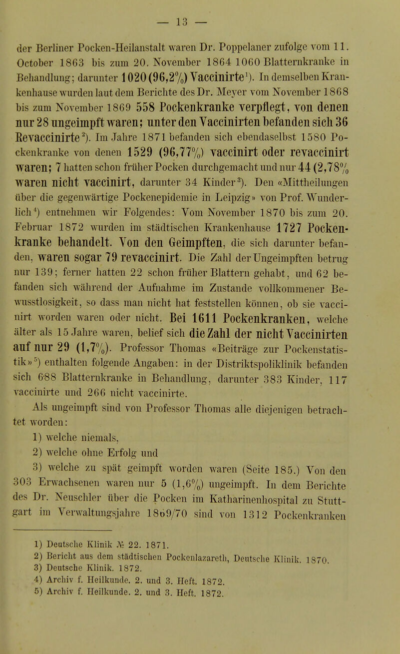 October 1863 bis zum 20. November 1864 1060 Blatternkranke in Behandlung; darunter 1020 (96,27o)VaCCillirte\). In demselben Kran- kenhause wurden laut dem Berichte des Dr. Meyer vom November 1868 bis zum November 1869 558 Pockenkranke verpflegt, von denen nur 28 nngeimpft waren; unter den Vaccinirten befanden sich 36 ßevaccinirte'). im Jahre 1871 befanden sich ebendaselbst 1580 Po- ckenkranke von denen 1529 (96,77%) vaccinirt oder revaccinirt waren; 7 hatten schon früher Pocken durchgemacht und nur 44 (2,787o waren nicht vaccinirt, darunter 34 Kinder^). Den «Mittheilungen über die gegenwärtige Pockenepidemie in Leipzig» von Prof. Wunder- lich^) entnehmen wir Folgendes: Vom November 1870 bis zum 20. Februar 1872 wurden im städtischen Krankenhause 1727 Pocken- kranke behandelt. Von den Geimpften, die sich darunter befan- den, waren sogar 79 revaccinirt. Die Zahl derUngeimpften betrug nur 139; ferner hatten 22 schon früher Blattern gehabt, und 62 be- fanden sich während der Aufnahme im Zustande vollkommener Be- wusstlosigkeit, so dass man nicht hat feststellen können, ob sie vacci- nirt worden waren oder nicht. Bei 1611 Pockenkranken, welche älter als 15 Jahre Avaren, belief sich die Zahl der nicht Vaccinirten auf nur 29 (1,7%)- Professor Thomas «Beiträge zur Pockenstatis- tik w^) enthalten folgende Angaben: in der Distriktspoliklinik befanden sich 6-88 Blatternkranke in Behandlung, darunter 383 Kinder, 117 vaccinirte und 266 nicht vaccinirte. Als ungeimpft sind von Professor Thomas alle diejenigen betrach- tet worden: 1) welche niemals, 2) welche ohne Erfolg und 3) welche zu spät geimpft worden waren (Seite 185.) Von den 303 Erwachsenen waren nur 5 (1,6%) ungeimpft. In dem Berichte des Dr. Neuschier über die Pocken im Katharinenhospital zu Stutt- gart im Verwaltungsjahre 18o9/70 sind von 1312 Pockenkranken 1) Deutsche Klinik .AL' 22. 1871. 2) Bericht aus dem städtischen Pockenlazareth, Deutsclie Klinik. 1870 3) Deutsche Klinik. 1872. 4) Archiv f. Heilkunde. 2. und 3. Heft. 1872. 5) Archiv f. Heilkunde. 2. und 3. Heft. 1872.