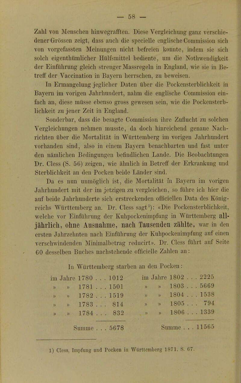 Zahl von Menschen hinwegrafften. Diese Vergleichung ganz verschie- dener Grössen zeigt, dass aucli die specielle englische Commission sich von vorgefassten Meinungen nicht befreien konnte, indem sie sich solch eigenthümlicher Hülfsmittel bediente, um die Nothwendigkeit der Einführung gleich strenger Massregeln in England, wie sie in Be- treff der Vaccination in Bayern herrschen, zu beweisen. In Ermangelung jeglicher Daten über die Pockensterblichkeit in Bayern im vorigen Jahrhundert, nahm die englische Commission ein- fach an, diese müsse ebenso gross gewesen sein, wie die Pockensterb- lichkeit zu jener Zeit in England. Sonderbar, dass die besagte Commission ihre Zuflucht zu solclien Vergleicliungen nehmen musste, da doch hinreichend genaue Nach- richten über die Mortalität in Württemberg im vorigen Jahrhundert vorhanden sind, also in einem Bayern benachbarten und fast unter den nämlichen Bedingungen befindlichen Lande. Die Beobachtungen Dr. Cless (S. 56) zeigen, wie ähnlich in Betreff der Erkrankung und Sterblichkeit an den Pocken beide Länder sind. Da es nun unmöglich ist, die Mortalität m Bayern im vorigen Jahrhundert mit der im jetzigen zu vergleichen, so führe ich hier die auf beide Jahrhunderte sich erstreckenden officiellen Data des König- reichs Württemberg an. Dr. Cless sagt^): «Die Pockensterblichkeit, welche vor Einführung der Kulipockenimpfung in Württemberg all- jährlich, ohne Ausnahme, nach Tausenden zählte, war in den ersten Jahrzehnten nach Einführung der Kuhpockenimpfung auf einen verschwindenden Minimalbetrag reducirt». Dr. Cless führt auf Seite 60 desselben Buches nachstehende officielle Zahlen an: In Württemberg starben an den Pocken: im Jahre 1780 . . . 1012 im Jahre 1802 . . . 2225 » » 1781 . . . 1501 1782 . . . 1519 1783 ... 814 1784 ... 832 » » )) » 1803 . . . 5669 1804 . . . 1538 1805 ... 794 1806 . . . 1339 Summe . . . 5678 Summe . . . 11565 1) Cless, Impfung und Pocken in Württemberg 1871. S. G7.