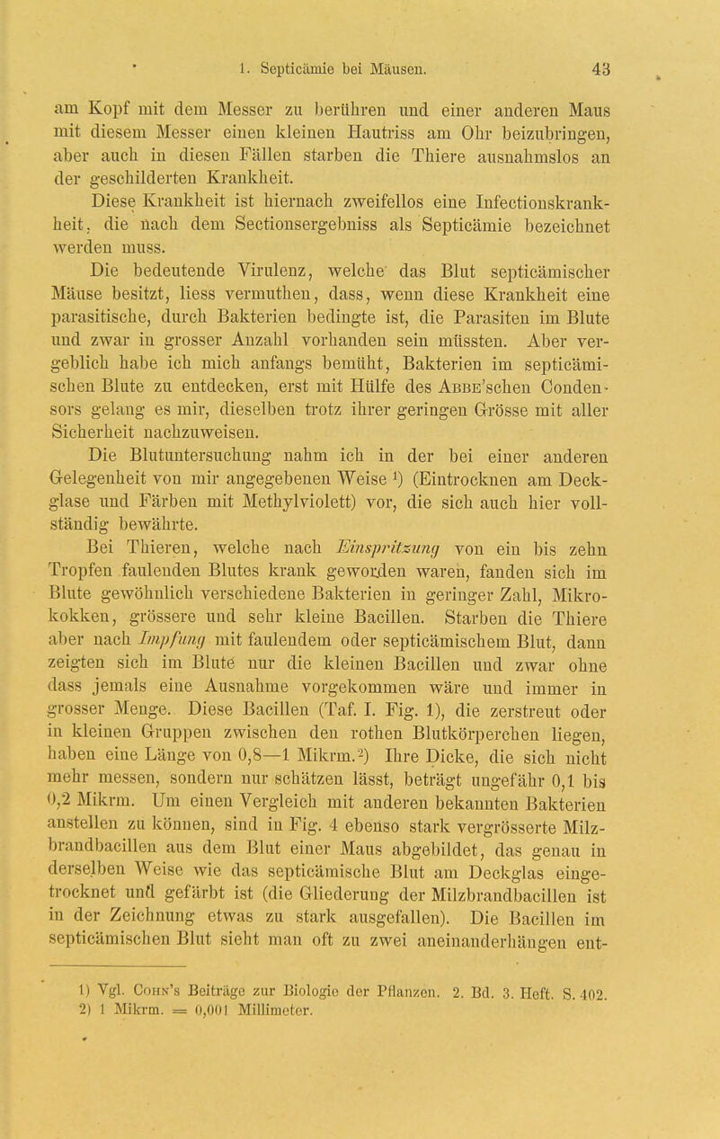 am Kopf mit dem Messer zu berühren und einer anderen Maus mit diesem Messer einen kleinen Hautriss am Ohr beizubringen, aber auch in diesen Fällen starben die Thiere ausnahmslos an der geschilderten Krankheit. Diese Krankheit ist hiernach zweifellos eine Infectionskrank- heit. die nach dem Sectionsergebuiss als Septicämie bezeichnet werden muss. Die bedeutende Virulenz, welche' das Blut septicämischer Mäuse besitzt, Hess vermuthen, dass, wenn diese Krankheit eine parasitische, durch Bakterien bedingte ist, die Parasiten im Blute und zwar in grosser Anzahl vorhanden sein müssten. Aber ver- geblich habe ich mich anfangs bemüht, Bakterien im septicämi- schen Blute zu entdecken, erst mit Hülfe des AsBE'schen Conden- sors gelang es mir, dieselben trotz ihrer geringen G-rösse mit aller Sicherheit nachzuweisen. Die Blutuntersuchung nahm ich in der bei einer anderen Gelegenheit von mir angegebenen Weise ^) (Eintrocknen am Deck- glase imd Färben mit Methylviolett) vor, die sich auch hier voll- ständig bewährte. Bei Thieren, welche nach Einsjn^itzung von ein bis zehn Tropfen faulenden Blutes krank geworden waren, fanden sich im Blute gewöhnlich verschiedene Bakterien in geringer Zahl, Mikro- kokken, grössere und sehr kleine Bacillen. Starben die Thiere aber nach Impfung mit faulendem oder septicämischem Blut, dann zeigten sich im Blute nur die kleinen Bacillen und zwar ohne dass jemals eine Ausnahme vorgekommen wäre und immer in grosser Menge. Diese Bacillen (Taf. 1. Fig. 1), die zerstreut oder in kleinen Gruppen zwischen den rothen Blutkörperchen liegen, haben eine Länge von 0,8—1 Mikrm.^) Ihre Dicke, die sich nicht mehr messen, sondern nur schätzen lässt, beträgt ungefähr 0,1 bis 0,2 Mikrm. Um einen Vergleich mit anderen bekannten Bakterien anstellen zu können, sind in Fig. 4 ebenso stark vergrösserte Milz- brandbacillen aus dem Blut einer Maus abgebildet, das genau in derselben Weise wie das septicämische Blut am Deckglas einge- trocknet und gefärbt ist (die Gliederung der Milzbrandbacillen ist in der Zeichnung etwas zu stark ausgefallen). Die Bacillen im septicämischen Blut sieht man oft zu zwei aneinauderhängen ent- 1) Vgl. Cohn's Beiträge zur Biologie der Pflanzen. 2. Bd. 3. Heft. S. 402. 2) 1 Mikrm. = 0,001 Millimeter.