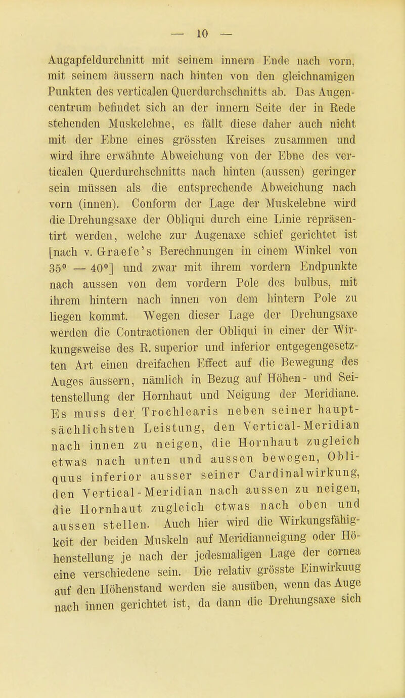 Augapfeldurchnitt mit seinem innern Ende nach vorn, mit seinem äussern nach hinten von den gleichnamigen Punkten des verticalen Querdurchschnitts ab. Das Augen- centrum befindet sich an der innern Seite der in Rede stehenden Muskelebne, es fällt diese daher auch nicht mit der Ebne eines grössten Kreises zusammen und wird ihre erwähnte Abweichung von der Ebne des ver- ticalen Querdurchschnitts nach hinten (aussen) geringer sein müssen als die entsprechende Abweichung nach vorn (innen). Conform der Lage der Muskelebne wird die Drehungsaxe der Obliqui durch eine Linie repräsen- tirt werden, welche zur Augenaxe schief gerichtet ist [nach v. Graefe's Berechnungen in einem Winkel von 350 — 40oj mKi ZWar mit ihrem vordem Endpunkte nach aussen von dem vordem Pole des bulbus, mit ihrem hintern nach innen von dem hintern Pole zu liegen kommt, Wegen dieser Lage der Drehungsaxe werden die Contractionen der Obliqui in einer der Wir- kungsweise des R. superior und inferior entgegengesetz- ten Art einen dreifachen Effect auf die Bewegung des Auges äussern, nämlich in Bezug auf Höhen- und Sei- tenstellung der Hornhaut und Neigung der Meridiane. Es muss der Trochlearis neben seiner haupt- sächlichsten Leistung, den Vertical-Meridian nach innen zu neigen, die Hornhaut zugleich etwas nach unten und aussen bewegen, Obli- quus inferior ausser seiner Cardinal Wirkung, den Vertical-Meridian nach aussen zu neigen, die Hornhaut zugleich etwas nach oben und aussen stellen. Auch hier wird die Wirkungsfällig- keit der beiden Muskeln auf Meridianneigung oder Hö- henstellung je nach der jedesmaligen Lage der cornea eine verschiedene sein. Die relativ grösste Einwirkuug auf den Höhenstand werden sie ausüben, wenn das Auge nach innen gerichtet ist, da dann die Drehungsaxe sich