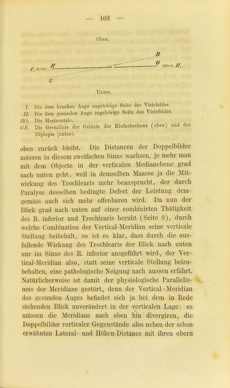 Oben. % , --— ° ■ ■ > ff. Unten. I. Die dem kranken Auge' zugehörige Seite des Visirfeldes. II. Die dem gesunden Auge zugehörige Seite des Visirfeldes. HO. Die Horizontale. GR. Die Grenzlinie der Gebiete des Einfachsehens (oben) und der Diplopie (unten). oben zurück bleibt. Die Distancen der Doppelbilder müssen in diesem zweifachen Sinne wachsen, je mehr man mit dem Objecte in der verticalen Medianebene grad nach unten geht, weil in demselben Maasse ja die Mit- wirkung des Trochlearis mehr beansprucht, der durch Paralyse desselben bedingte Defect der Leistung dem- gemäss auch sich mehr offenbaren wird. Da nun der Blick grad nach unten auf einer combinirten Thätigkeit des B. inferior und Trochlearis beruht (Seite 9), durch welche Combination der Vertical-Meridian seine verticale Stellung beibehält, so ist es klar, dass durch die aus- fallende Wirkung des Trochlearis der Blick nach unten nur im Sinne des B. inferior ausgeführt wird, der Ver- tical-Meridian also, statt seine verticale Stellung beizu- behalten, eine pathologische Neigung nach aussen erfährt. Natürlicherweise ist damit der physiologische Parallelis- mus der Meridiane gestört, denn der Vertical-Meridian des gesunden Auges befindet sich ja bei dem in Bede stehenden Blick unverändert in der verticalen Lage: es müssen die Meridiane nach oben hin divergiren, die Doppelbilder verticaler Gegenstände also neben der schon erwähnten Lateral- und Höhen-Distance mit ihren obern