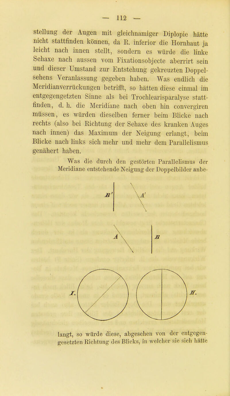 Stellung der Augen mit gleichnamiger Diplopie hätte nicht stattfinden können, da R. inferior die Hornhaut ja leicht nach innen stellt, sondern es würde die linke Sehaxe nach aussen vom Fixationsobjecte aberrirt sein und dieser Umstand zur Entstehung gekreuzten Doppel- sehens Veranlassung gegeben haben. Was endlich die Meridianverrückungen betrifft, so hätten diese einmal im entgegengetzten Sinne als bei Trochlearisparalyse statt- finden, d. h. die Meridiane nach oben hin convergiren müssen, es würden dieselben ferner beim Blicke nach rechts (also bei Richtung der Sehaxe des kranken Auges nach innen) das Maximum der Neigung erlangt, beim Blicke nach links sich mehr und mehr dem Parallelismus genähert haben. Was die durch den gestörten Parallelismus der Meridiane entstehende Neigung der Doppelbilder anbe- langt, so würde diese, abgesehen von der entgegen- gesetzten Richtung des Blicks, in welcher sie sich hätte