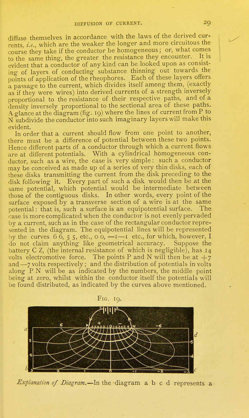 diffuse themselves in accordance with the laws of the derived cur- rents, i.e., which are the weaker the longer and more circuitous the course they take if the conductor be homogeneous; or, what comes to the same thing, the greater the resistance they encounter. It is evident that a conductor of any kind can be looked upon as consist- ing of layers of conducting substance thinning out towards the points of application of the rheophores. Each of these layers offers a passage to the current, which divides itself among them, (exactly as if they were wires) into derived currents of a strength inversely proportional to the resistance of their respective paths, and of a density inversely proportional to the sectional area of these paths. A glance at the diagram (fig. 19) where the lines of current from P to N subdivide the conductor into such imaginary layers will make this evident. In order that a current should flow from one point to another, there must be a difference of potential between these two points. Hence different parts Of a conductor through which a current flows are at different potentials. With a cylindrical homogeneous con- ductor, such as a wire, the case is very simple: such a conductor may be conceived as made up of a series of very thin disks, each of these disks transmitting the current from the disk preceding to the disk following it. Every part of such a disk would then be at the same potential, which potential would be intermediate between those of the contiguous disks. In other words, every point of the surface exposed by a transverse section of a wire is at the same potential: that is, such a surface is an equipotential surface. The case is more complicated when the conductor is not evenly pervaded by a current, such as in the case of the rectangular conductor repre- sented in the diagram. The equipotential lines will be represented by the curves 6 6, 5 5, etc., o o, —i — i etc., for which, however, I do not claim anything like geometrical accuracy. Suppose the battery C Z, (the internal resistance of which is negligible), has 14 volts electromotive force. The points P and N will then be at -|-7 and—7 volts respectively; and the distribution of potentials in volts along P N will be as indicated by the numbers, the middle point being at zero, whilst within the conductor itself the potentials will be found distributed, as indicated by the curves above mentioned. Fig. 19. Explanation of Diagram.—In the diagram abed represents a