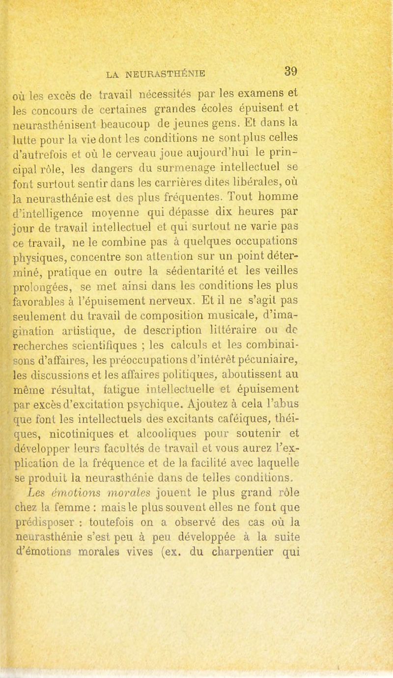 où les excès de travail nécessités par les examens et ^ les concours de certaines grandes écoles épuisent et neurasthénisent beaucoup de jeunes gens. Et dans la lutte pour la vie dont les conditions ne sont plus celles d'autrefois et où le cerveau joue aujourd'hui le prin- cipal rôle, les dangers du surmenage intellectuel se font surtout sentir dans les carrières dites libérales, où la neurasthénie est des plus fréquentes. Tout homme d'intelligence moyenne qui dépasse dix heures par jour de travail intellectuel et qui surtout ne varie pas ce travail, ne le combine pas à quelques occupations physiques, concentre son attention sur un point déter- miné, pratique en outre la sédentarité et les veilles prolongées, se met ainsi dans les conditions les plus favorables à l'épuisement nerveux. Et il ne s'agit pas seulement du travail de composition musicale, d'ima- gination artistique, de description littéraire ou de recherches scientifiques ; les calculs et les combinai- ons d'affaires, les préoccupations d'intérêt pécuniaire, les discussions et les affaires politiques, aboutissent au même résultat, fatigue intellectuelle et épuisement par e.Kcès d'excitation psychique. Ajoutez à cela l'abus que font les intellectuels des excitants caféiques, théi- aes, nicotiniques et alcooliques pour soutenir et développer leurs facultés de travail et vous aurez l'ex- plication de la fréquence et de la facilité avec laquelle se produit la neurasthénie dans de telles conditions. Les émotions morales jouent le plus grand rôle chez la femme : mais le plus souvent elles ne font que prédisposer : toutefois on a observé des cas où la neurasthénie s'est peu à peu développée à la suite d'émotions morales vives (ex. du charpentier qui