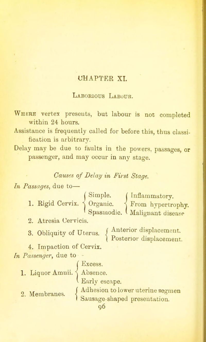 Laboeiotjs Labour. Where vertex preseuts, but labour is not completed within 24 hours. Assistance is frequently called for before this, thus classi- fication is arbitrary. Delay may be due to faults in the powers, passages, or passenger, and may occur in any stage. Causes of Delay in First Stage. In Passages, due to— j' Simple. ( Inflammatory. 1. Rigid Cervix, <j Organic. < From hypertrophy. ' Spasmodic. I Malignant disease 2. Atresia Cervicis. 3. Obliquity of Uterus. / Anfcerior displacement. { Posterior displacement. 4. Impaction of Cervix. In Passenger, due to - {Excess. Absence. Early escape. n u [ Adhesion to lower uterine segmen 2. Membranes. { n I bausage shapeu presentation.