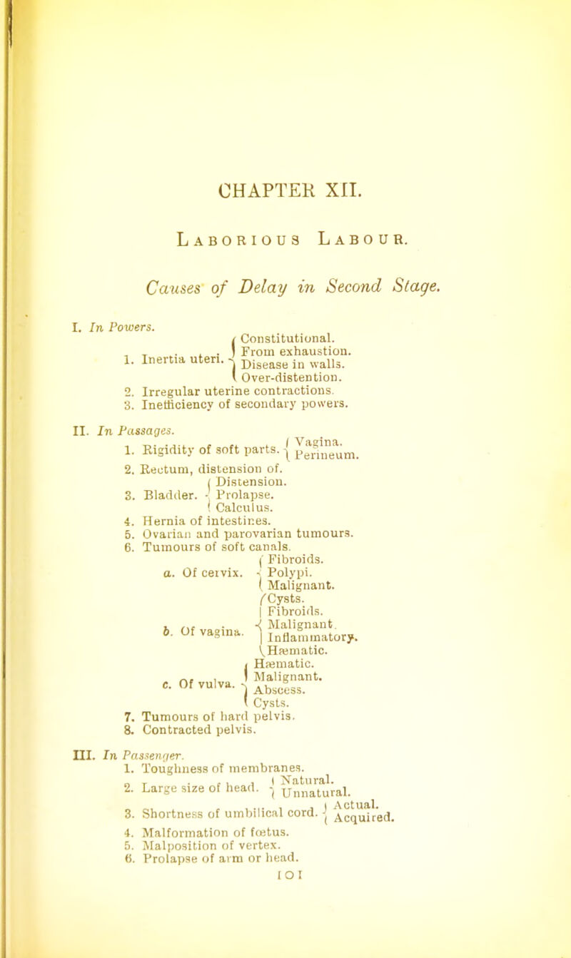 Laborious Labour. Causes of Delay in Second Stage. L In Powers. i Constitutional. . . . . ) From exhaustion. 1. Inertia uteri, -j Disease in waUa. I Over-distention. 2. Irregular uterine contractions. 3. Inefficiency of secondary powers. II. In Passages. i Vagina 1. Rigidity of soft parts, j pereineum. 2. Rectum, distension of. ( Distension. 3. Bladder. •' Prolapse. ! Calculus. 4. Hernia of intestines. 5. Ovarian and parovarian tumours. 6. Tumours of soft canals. (' Fibroids. a. Of cervix. * Polypi. (Malignant. fCysts. | Fibroids. .... . -! Malignant b. Of vagina. ^ Inflanimatory. VHasmatic. < Hfematic. , ' Malignant. c. Of vulva. . Abs(.«3s \ Cysts. 7. Tumours of hard pelvis. 8. Contracted pelvis. HI. In Passenger. 1. Toughness of membranes. „ T . . , i ( Natural. 2. Large size of head. -( Unnaturai. » r.. , .... i j I Actual. 3. Shortness of umbilical cord. < Acquired. 4. Malformation of foetus. 5. Malposition of vertex. (i. Prolapse of arm or head. I O I