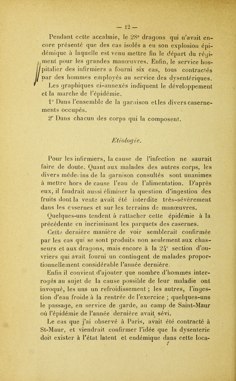 Pendant cette accalmie, le 28^ dragons qui n'avait en- core présenté que des cas isolés a eu son explosion épi- démique à laquelle est venu mettre fin le départ du régi- ment pour les grandes manœuvres. Enfin, le service hos- pitalier des infirmiers a fourni six cas, tous contractés par des hommes employés au service des dysentériques. Les graphiques ci-annexés indiquent le développement et la marche de l'épidémie. 1° Dans l'ensemble de la garnison etles divers caserne- ments occupés. 2° Dans chacun des corps qui la composent. Etiologie. Pour les infirmiers, la cause de l'infection ne saurait faire de doute. Quant aux malades des autres corps, les divers médecins de la garnison consultés sont unanimes à mettre hors de cause l'eau de l'alimentation. D'après eux, il faudrait aussi éliminer la question d'ingestion des fruits dont la vente avait été interdite très-sévèrement dans les casernes et sur les terrains de manœuvres. Quelques-uns tendent à rattacher cette épidémie à la précédente en incriminant les parquets des casernes. Gettti dernière manière de voir semblerait confirmée par les cas qui se sont produits non seulement aux chas- seurs et aux dragons, mais encore à la 24^ section d'ou- vriers qui avait fourni un contingent de malades propor- tionnellement considérable l'année dernière: Enfin il convient d'ajouter que nombre d'hommes inter- rogés au sujet de la cause possible de leur maladie ont invoqué, les uns un refroidissement ; les autres, l'inges- tion d'eau froide à la rentrée de l'exercice ; quelques-uns le passage, en service de garde, au camp de Saint-Maur où l'épidémie de l'année dernière avait sévi. Le cas que j'ai observé à Paris, avait été contracté à St-Maur, et viendrait confirmer l'idée que la dysenterie doit exister à l'état latent et endémique dans cette loca-