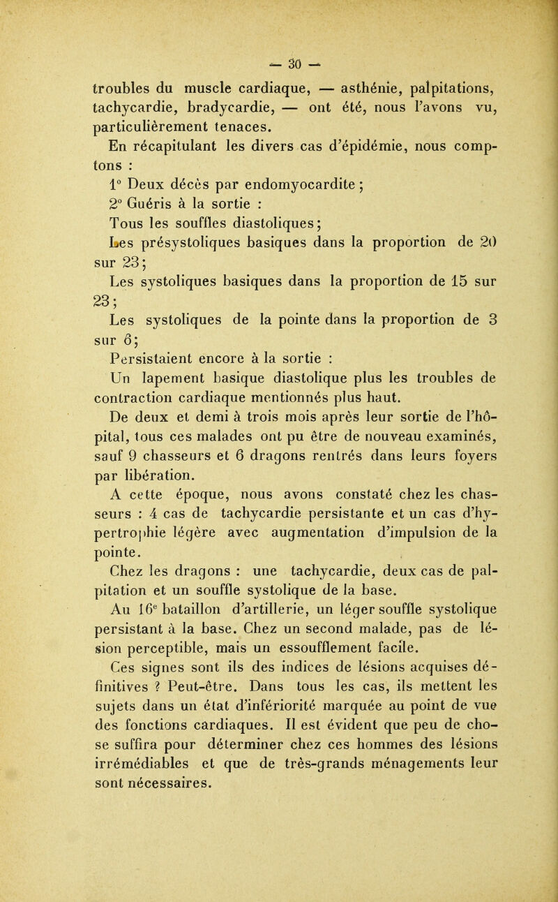 troubles du muscle cardiaque, — asthénie, palpitations, tachycardie, bradycardie, — ont été, nous Tavons vu, particulièrement tenaces. En récapitulant les divers cas d'épidémie, nous comp- tons : l* Deux décès par endomyocardite ; 2° Guéris à la sortie : Tous les souffles diastoliques ; Les présystoliques basiques dans la proportion de 20 sur 23 ; Les systoliques basiques dans la proportion de 15 sur 23; Les systoliques de la pointe dans la proportion de 3 sur ô; Persistaient encore à la sortie : Un lapement basique diastolique plus les troubles de contraction cardiaque mentionnés plus haut. De deux et demi à trois mois après leur sortie de l'hô- pital, tous ces malades ont pu être de nouveau examinés, sauf 9 chasseurs et 6 dragons rentrés dans leurs foyers par libération. A cette époque, nous avons constaté chez les chas- seurs : 4 cas de tachycardie persistante et un cas d'hy- pertrophie légère avec augmentation d'impulsion de la pointe. Chez les dragons : une tachycardie, deux cas de pal- pitation et un souffle systolique de la base. Au 16^ bataillon d'artillerie, un léger souffle systolique persistant à la base. Chez un second malade, pas de lé- sion perceptible, mais un essoufflement facile. Ces signes sont ils des indices de lésions acquises dé- finitives ? Peut-être. Dans tous les cas, ils mettent les sujets dans un état d'infériorité marquée au point de vue des fonctions cardiaques. Il est évident que peu de cho- se suffira pour déterminer chez ces hommes des lésions irrémédiables et que de très-grands ménagements leur sont nécessaires.