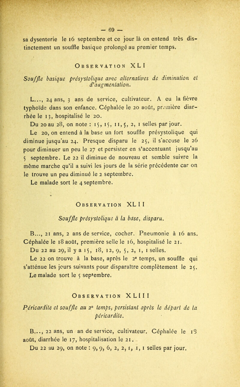 sa dysenterie le i6 septembre et ce jour là on entend très dis- tinctement un souffle basique prolongé au premier temps. O B SE R VAT ION X L I Souffle basique prés/siolique avec allernatipes de diminulion et d''aagmenlation. L..., 24 ans, 3 ans de service, cultivateur. A eu la fièvre typhoïde dans son enfance. Céphalée le 20 août, pr.;mière diar- rhée le 13, hospitalisé le 20. Du 20 au 28, on note : 15, 15, 11,5, 2, i selles par jour. Le 20, on entend à la base un fort souffle présystolique qui diminue jusqu'au 24. Presque disparu le 25, il s'accuse le 26 pour diminuer un peu le 27 et persister en s'accentuant jusqu'au ^ septembre. Le 22 il diminue de nouveau et semble suivre la même marche qu'il a suivi les jours de la série précédente car on le trouve un peu diminué le 2 septembre. Le malade sort le 4 septembre. ObS ERV ATION XL I I Souffle présyslolique à la bdse, disparu. B..., 21 ans, 2 ans de service, cocher. Pneumonie à 16 ans. Céphalée le 18 août, première selle le 16, hospitalisé le 21. Du 22 au 29, il y a 15, 18, 12, 9, 5, 2, i, i selles. Le 22 on trouve à la base, après le 2* temps, un souffle qui s'atténue les jours suivants pour disparaître complètement le 25. Le malade sort le 5 septembre. Observation XLIII Péricardite et souffle au 2^ temps, persistant après le départ de la péricardite. B..., 22 ans, un an de service, cultivateur. Céphalée le i3 août, diarrhée le 17, hospitalisation le 21. Du 22 au 29, on note : 9, 9, 6, 2, 2, i, i, i selles par jour.