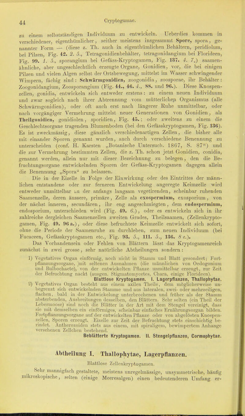 zu einem selbstständigen Individuum zu entwickeln. Ueberdies kommen in verschiedener, eigentümlicher, seither meistens insgesammt Spore, spora, ge- nannter Form — (diese z. Th. auch in eigenthümlichen Behältern, peridiol bei Pilzen, Fig. 42. 2. 5., Tetragonidienbelüilter, tetragonidanginm bei Florideen, Fig. 90. 1. 5., sporangium bei Gefäss-Kryptogamen, Fig. 187. 4. 7.) saamcn- ähnliche, aber ungeschlechtlich erzeugte Organe, Gonidien, vor, die bei einigen Pilzen und vielen Algen selbst der Ortsbewegung, mittelst im Wasser schwingender Wimpern, fachig sind: Schwäriiigonidien, zoogonidia, zoosporae, ihr Behälter: Zoogonidangium, Zoosporangium (Fig. 44., 46. 4., 88. und 96.). Diese Kuospen- zcllen, gonidia, entwickeln sich entweder erstens : zu einem neuen Individuum und zwar sogleich nach ihrer Abtrennung vom mütterlichen Organismus (alle Schwärmgonidien), oder oft auch erst nach längerer Ruhe unmittelbar, oder nach vorgängiger Vermehrung mittelst neuer Generationen von Gonidien, als Theilgonidien, gonidiolen, sporidien, Fig. 45.; oder zweitens zu einem die Geschlechtsorgane tragenden Blumenboden (bei den Gefässkryptogamen, Fig. 136). Es ist zweckmässig, diese gänzlich verschiedenartigen Zellen, die bisher alle mit einander Sporen genannt wurden, auch durch verschiedene Benennung zu unterscheiden (conf. H. Karsten „Botanische Untersuch. 1867, S. 87) und die zur Vermehrung bestimmten Zellen, die z. Th. schon jetzt Gonidien, conidia, genannt werden, allein nur mit dieser Bezeichnung zu belegen, den die Be- fruchtungsorgane entwickelnden Sporen der Gefäss-Kryptogamen dagegen allein die Benennung „Spora zu belassen. Die in der Eizelle in Folge der Einwirkung oder des Eintrittes der männ- lichen entstandene oder zur ferneren Entwickelung angeregte Keimzelle wird entweder unmittelbar i.u der anfangs langsam vegetirenden, scheinbar ruhenden Saamcnzelle, deren äussere, primäre, Zelle als exospcriniuni, exosporium, von der nächst inneren, secundären, ihr eng angesclnniegten, dem ßndOSpermium, endosporium, unterschieden wird (Fig. 49. 6'.), oder es entwickeln sich in ihr zahlreiche dergleichen Saumenzellen zweiten Grades, Theilsaamen, (Zellenkrypto- gamen, Fig. 49. 96 n.), oder diese befruchtete Keimzelle ent wickelt sich sofort, ohne die Periode der Saamenruhe zu durchleben, zum neuen Individuum (bei Fucaceen, Gefässkryptogamen etc., Fig. 93. .5., 111. .5., 136. 8 e.). Das Vorhandensein oder Fehlen von Blättern lässt das Kryptogamenreich zunächst in zwei grosse, sehr natürliche Abtheilungen sondern: 1) Vegetatives Organ einförmig, noch nicht in Stamm und Blatt gesondert; Fort- pflanzungsorgane, mit seltenen Ausnahmen (die männlichen von Oedogonium und Bulboehaete), von der entwickelten Plauze unmittelbar erzeugt, zur Zeit der Befruchtung nackt, (ausgen. Stigniatomycetes, Ohara, einige Florideen). Blattlose Kryptogamen. I. Lagerpflanzen, Thallophytae. 2) Vegetatives Organ besteht aus einem axilen Theile, dem möglicherweise un- begrenzt sich ent wickelnden Stamme und aus lateralen, zwei- oder mehrzelligen, flachen, bald in der Entwickelung unterbrochenen und früher als der Stamm alisterbenden, Ausbreitungen desselben, den Blättern. Sehr selten (ein Theil der Lebermoose) sind noch die Blätter in der Art mit dem Stengel vereinigt., «luss sie mit demselben ein einförmiges, scheinbar einfaches Ernährungsorgun bilden. Fortpflanzungsorgane auf der entwickelten Pflanze oder von abgelösten Knospen- zellen, Sporen erzeugt. Eizelle zur Zeit der Befruchtung stets einschichtig be- rindet. Antherozoiden stets aus einem, mit spiraligem, bewimpertem Anhange versehenen Zellchcn bestehend. Beblätterte Kryptogamen. II. Stengelpflanzen, Cormophytae. Abtheilimg I. Thallophytae, Lagerpflanzcn. Blattlose Zellenkryptogamen. Sehr mannigfach gestaltete, meistens unregelmässige, unsymmetrische, häutig mikroskopische, selten (einige Mceresalgen) einen bedeutenderen Umfang er-