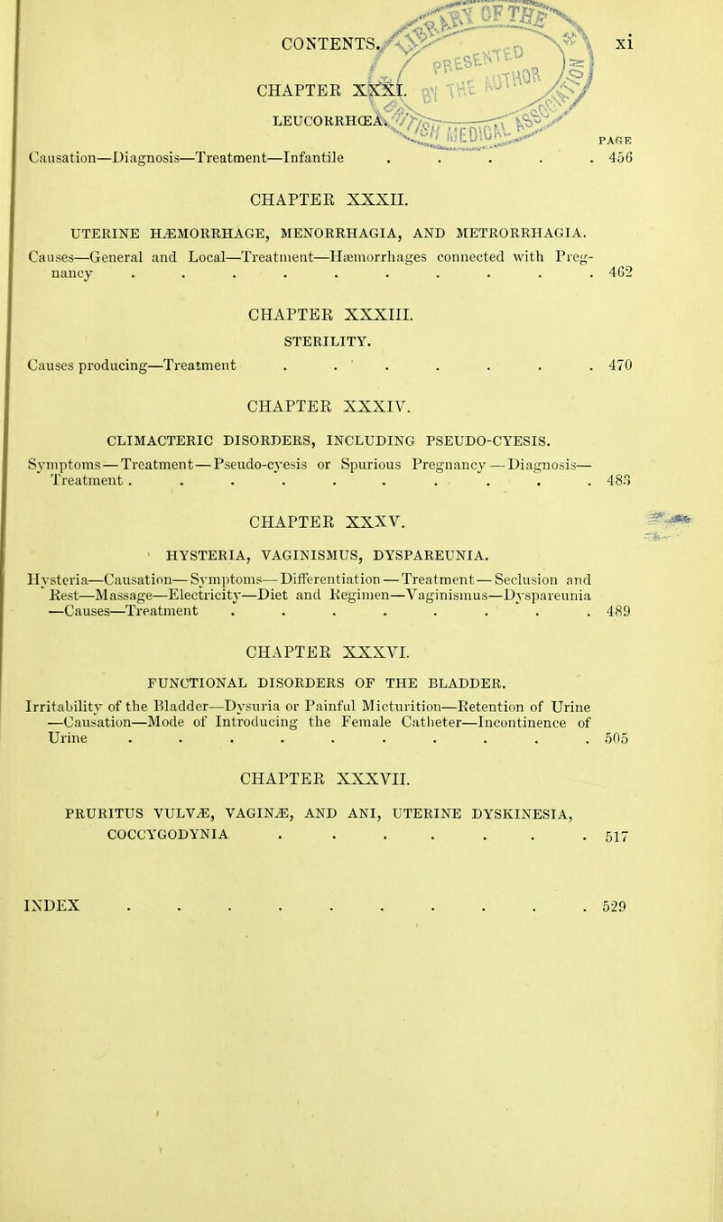 CHAPTER xkM. vYi 'tV\t ^^^^ LEUCOKRH(EA^y>^^-^---rr^^^y' ^ ^ PAGE Causation—Diagnosis—Treatment—Infantile ..... 466 CHAPTER XXXII. UTERINE HEMORRHAGE, MENORRHAGIA, AND METRORRHAGIA. Causes—General and Local—Treatment—Haemorrhages connected with Preg- nancy .......... 462 CHAPTER XXXIII. STERILITY. Causes producing—Treatment . . ' . . . . . 470 CHAPTER XXXIV. CLIMACTERIC DISORnERS, INCLUDING PSEUDO-CYESIS. Symptoms — Treatment — Pseudo-cyesis or Spurious Pregnancy — Diagnosis— Treatment .......... 48. CHAPTER XXXV. ■■ HYSTERIA, VAGINISMUS, DYSPAREUNIA. Hysteria—Causation—Symptoms—Differentiation —Treatment — Sedusion and ' Rest—Massage—Electricitj-—Diet and Regimen—Vaginisnms—Dyspureuuia —Causes—Treatment ........ 489 CHAPTER XXXVI. FUNCTIONAL DISORDERS OF THE BLADDER. Irritability of the Bladder—Dysuria or Painful Micturition—Retention of Urine —Causation—Mode of Introducing the Female Catheter—Incontinence of Urine .......... .505 CHAPTER XXXVII. PRURITUS VULVE, VAGINAE, AND ANI, UTERINE DYSKINESIA, COCCYGODYNIA . . . . . . .517 INDEX 529