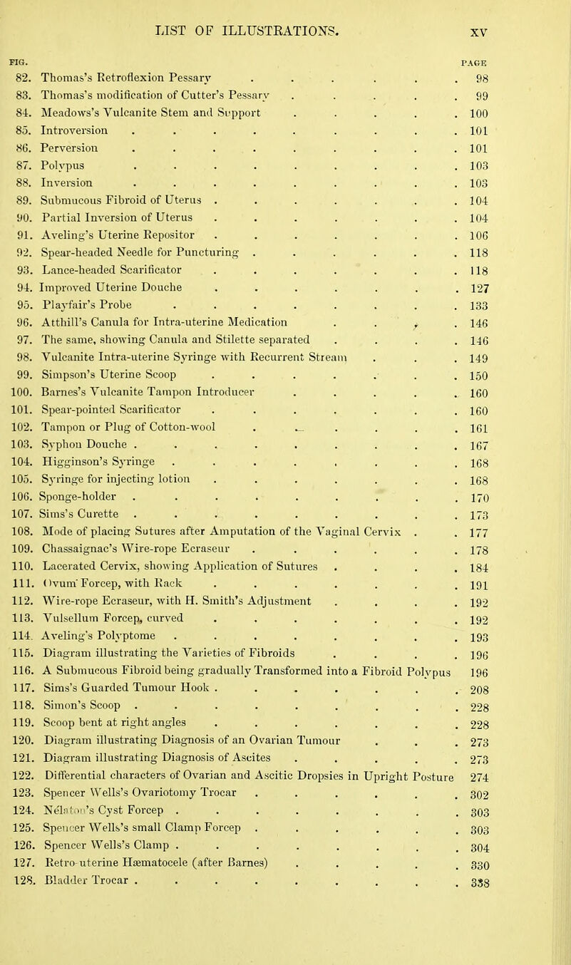 PIG. PAGE 82. Thomas's Retroflexion Pessary ... . . . 98 83. Thomas's modification of Cutter's Pessary . . . . . 99 8i. Meadows's Vulcanite Stem and Si/pport . . . . . 100 85. Introversion ......... 101 «G. Perversion ......... 101 87. Poh'pus ......... 103 88. Inversion ......... 103 89. Submucous Fibroid of Uterus ....... 104 90. Partial Inversion of Uterus ....... 1(14 91. Aveling's Uterine Eepositor ....... 106 92. Spear-headed Needle for Puncturing ...... 118 93. Lance-headed Scarificator ....... 118 94. Improved Uterine Douche ...... 127 95. Playfair's Probe ........ 133 96. Atthill's Canula for Intra-uterine Medication . . y 146 97. The same, showing Canula and Stilette separated . . . . 146 98. Vulcanite Intra-uterine Syringe with Recurrent Stream 149 99. Simpson's Uterine Scoop ........ 150 100. Barnes's Vulcanite Tampon Introducer . . . . . 160 101. Spear-pointed Scarificator ....... 160 102. Tampon or Plug of Cotton-wool . 161 103. Syphon Douche ......... 167 104. Higginson's Syringe ........ 168 105. Sj-ringe for injecting lotion ....... 168 106. Sponge-holder . ........ 170 107. Sims's Curette ......... 173 108. Mode of placing Sutures after Amputation of the Vaginal Cervix . 177 109. Chassaignac's Wire-rope Ecraseur . . . . . . 178 110. Lacerated Cervix, showing Application of Sutures . . . . 184 111. Ovum'Forcep, with Rack ....... 191 112. Wire-rope Ecraseur, with H. Smith's Adjustment . . . . 192 113. Vulsellum Forcep, curved ....... 192 114. Aveling's Polyptome ........ 193 115. Diagram illustrating the Varieties of Fibroids . . . . 196 116. A Submucous Fibroid being gradually Transformed into a Fibroid Polypus 196 117. Sims's Guarded Tumour Hook ....... 208 118. Simon's Scoop . . . . . . . 228 119. Scoop bent at right angles ....... 228 120. Diagram illustrating Diagnosis of an Ovarian Tumour 273 121. Diagram illustrating Diagnosis of Ascites . . . . . 273 122. Differential characters of Ovarian and Ascitic Dropsies in Upright Posture 274 123. Spencer Wells's Ovariotomy Trocar ...... 302 124. Nelii ton's Cyst Forcep ....... 303 125. Spencer Welli's small Clamp Forcep ..... 303 126. Spencer Wells's Clamp ....... 304 127. Retro-uterine Htematocele (after Barnes) .... 330 128. Bladder Trocar ........ 338