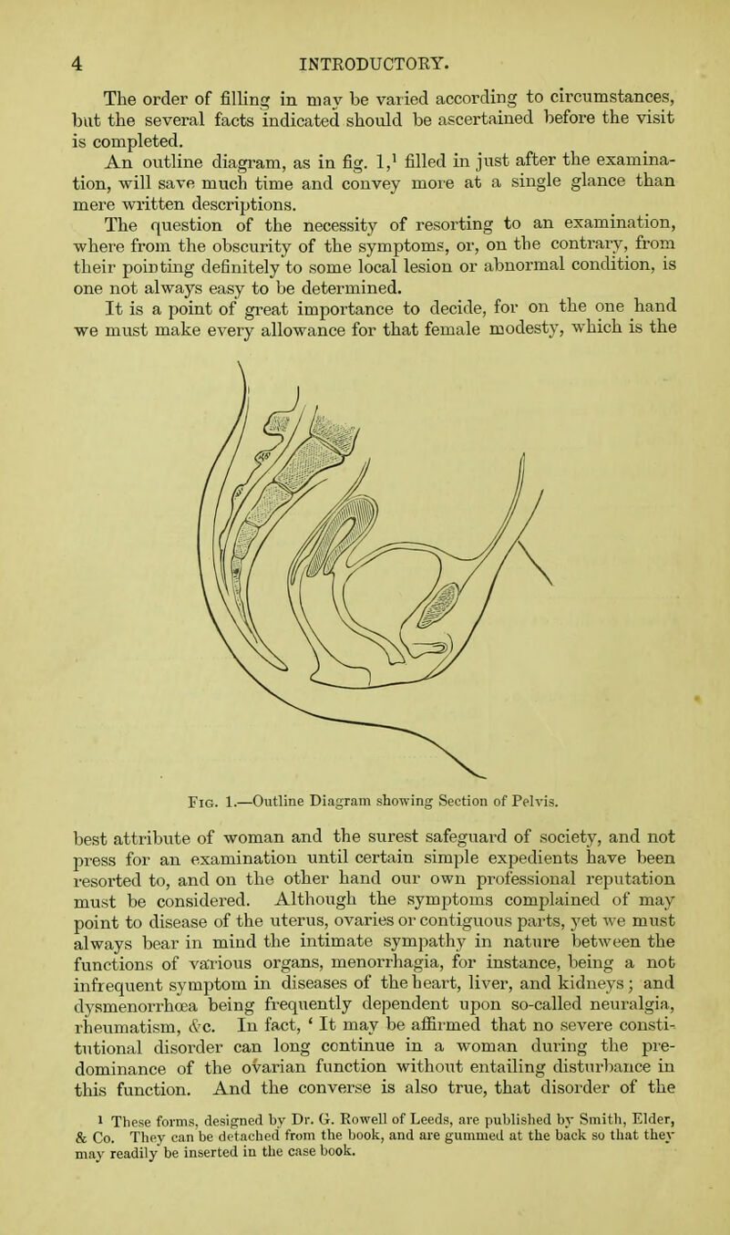 The order of filling in may be varied according to circumstances, but the several facts indicated should be ascertained before the visit is completed. An outline diagi-am, as in fig. 1,' filled in just after the examina- tion, will save much time and convey moie at a single glance than mere written descriptions. The question of the necessity of resorting to an examination, where from the obscurity of the symptoms, or, on the contrary, from their pointing definitely to some local lesion or abnormal condition, is one not always easy to be determined. It is a point of great importance to decide, for on the one hand we must make every allowance for that female modesty, which is the Fig. 1.—Outline Diagram showing Section of Pelvis. best attribute of woman and the surest safeguard of society, and not press for an examination until certain simple expedients have been resorted to, and on the other hand our own professional reputation must be considered. Although the symptoms complained of may point to disease of the uterus, ovaries or contiguous parts, yet we must always bear in mind the intimate sympathy in nature between the functions of various organs, monorrhagia, for instance, being a not infrequent symptom in diseases of the heart, liver, and kidneys; and dysmenoi'rhcea being frequently dependent upon so-called neuralgia, rheumatism, &'C. In fact, * It may be aflii'med that no severe consti^ tutional disorder can long continue in a woman during the pre- dominance of the ovarian function without entailing distTU'bauce in this function. And the converse is also true, that disoi'der of the 1 These forms, designed by Dr. G. RoweU of Leeds, are published by Smith, Elder, & Co. They can be detached from the book, and are gummed at the back so that they may readily be inserted in the case book.
