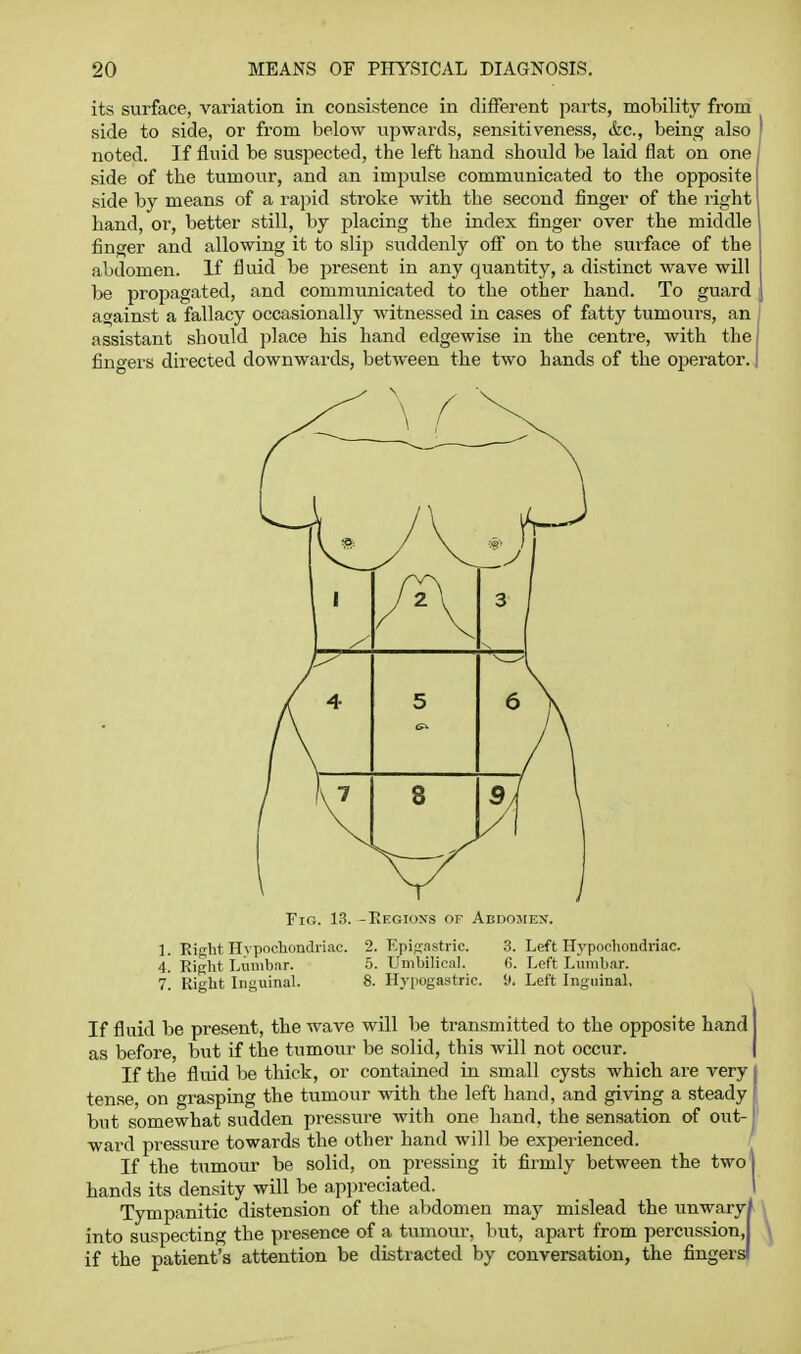 its surface, variation in consistence in different parts, mobility from side to side, or from below upwards, sensitiveness, &c., being also noted. If fluid be suspected, the left hand should be laid flat on one side of the tumour, and an impulse communicated to the opposite side by means of a rapid stroke with the second finger of the right hand, or, better still, by placing the index finger over the middle finger and allowing it to slip suddenly off on to the surface of the abdomen. If fluid be present in any quantity, a distinct wave will be propagated, and communicated to the other hand. To guard against a fallacy occasionally witnessed in cases of fatty tumours, an I assistant should place his hand edgewise in the centre, with the fingers directed downwards, between the two hands of the operator, j Fig. 13. -Regions of Abdojien. 1. Right Hypocliondnac. 2. Epifjastric. 3. Left Hypochondriac. 4. Ripht Lumbar. 5. Umbilical. C. Left Lumb.ar. 7. Right Inguinal. 8. Hypogastric. 9. Left Inguinal, If fluid be present, the wave will be transmitted to the opposite hand as before, but if the tumovir be solid, this will not occur. If the fluid be thick, or contained in small cysts which are very | tense, on grasping the tumour with the left hand, and giving a steady f but somewhat sudden pressure with one hand, the sensation of out-j ward pressure towards the other hand will be experienced. ' If the tumour be solid, on pressing it firmly between the two| hands its density will be appreciated. I Tympanitic distension of the abdomen may mislead the unwary/ i into suspecting the presence of a tumour, but, apart from percussion,! \ if the patient's attention be distracted by conversation, the fingers!